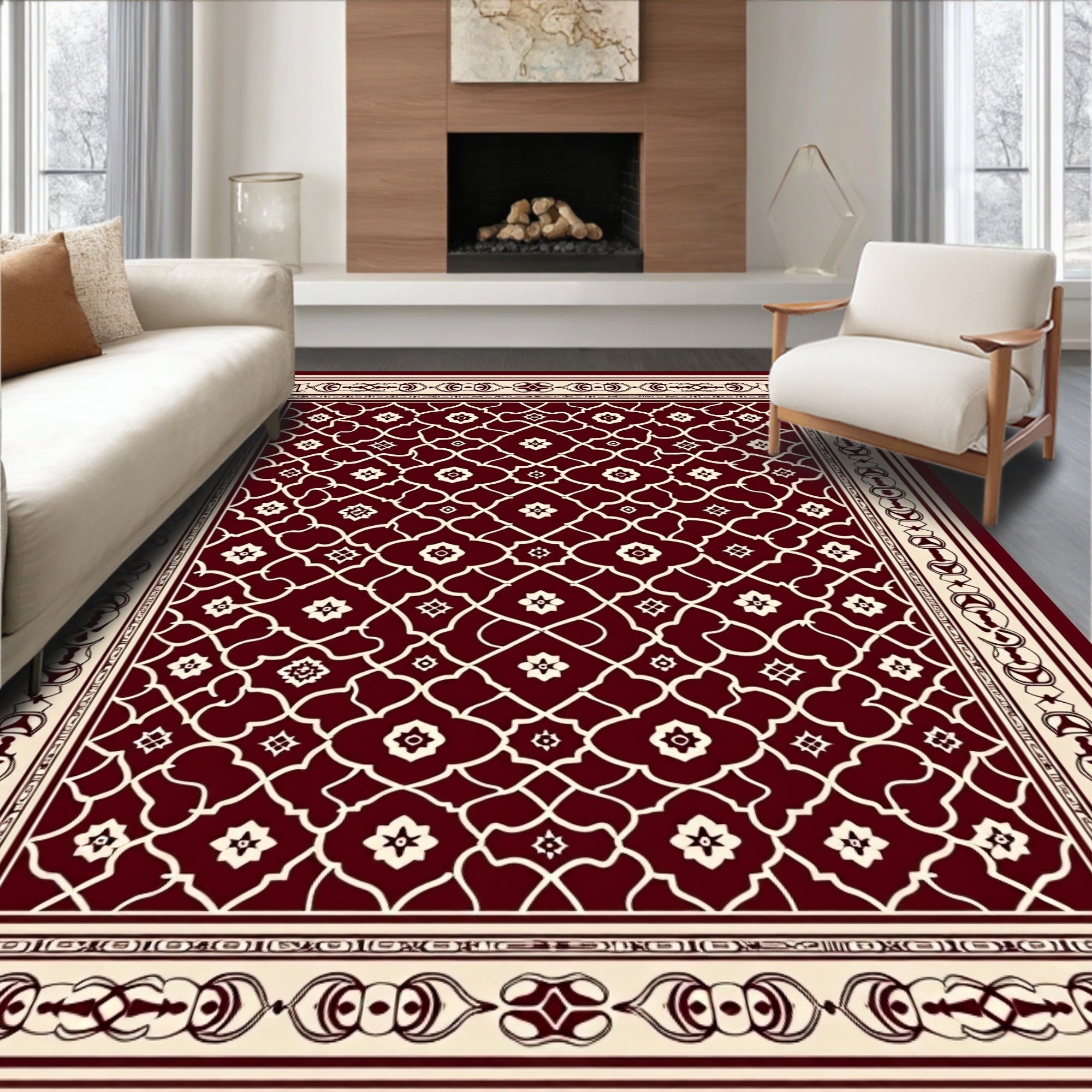 Deep Red Lattice Floral Medallion Rug