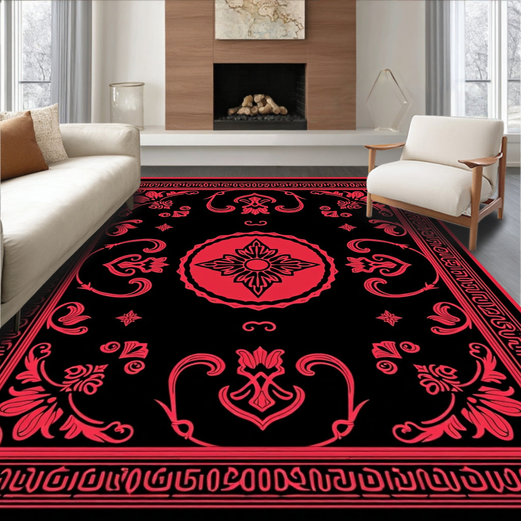 Crimson Floral Medallion Black Rug