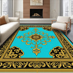 Aqua Gold Black Baroque Flourish Rug