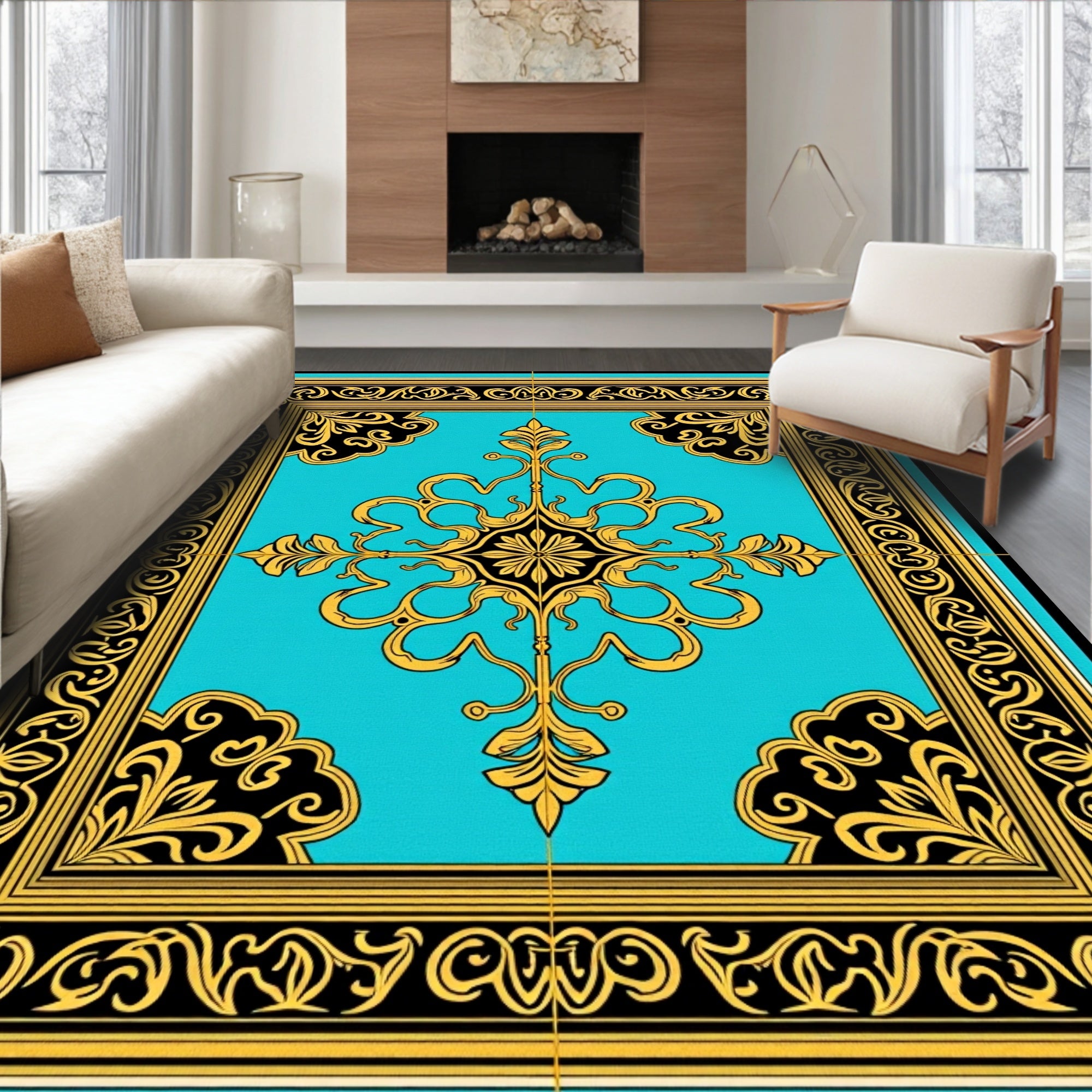 Aqua Gold Black Baroque Flourish Rug