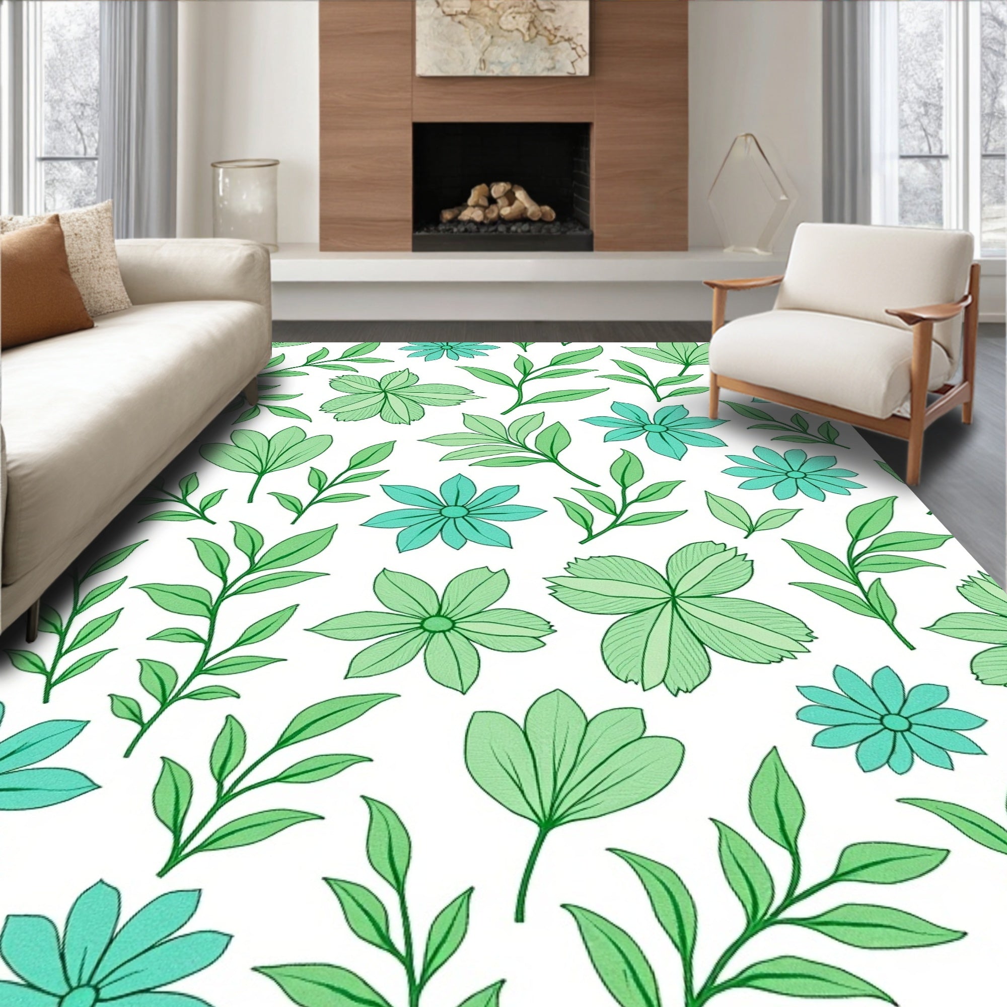 Verdant Green Floral Leafy Branches Rug