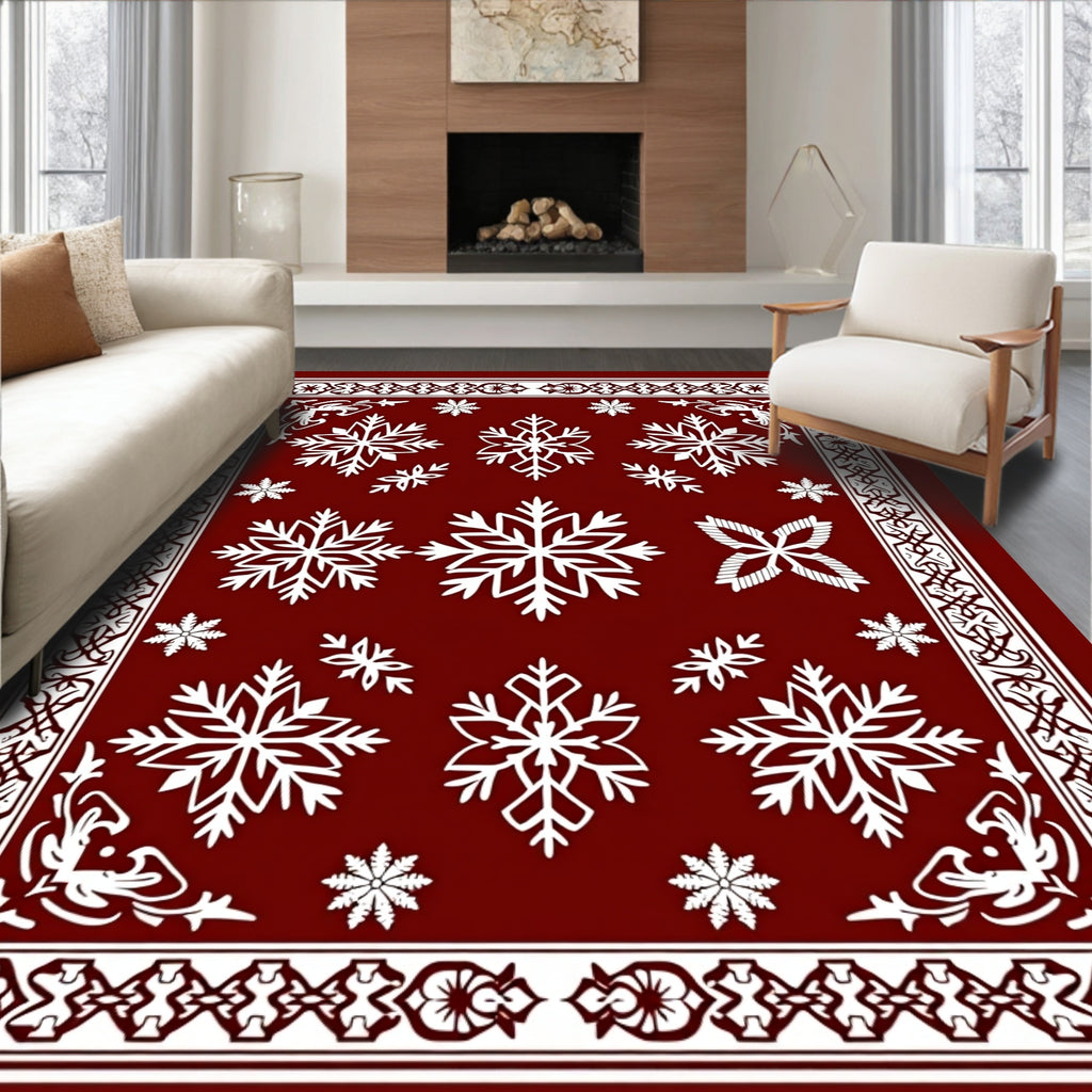 Deep Red Snowflake Border Rug