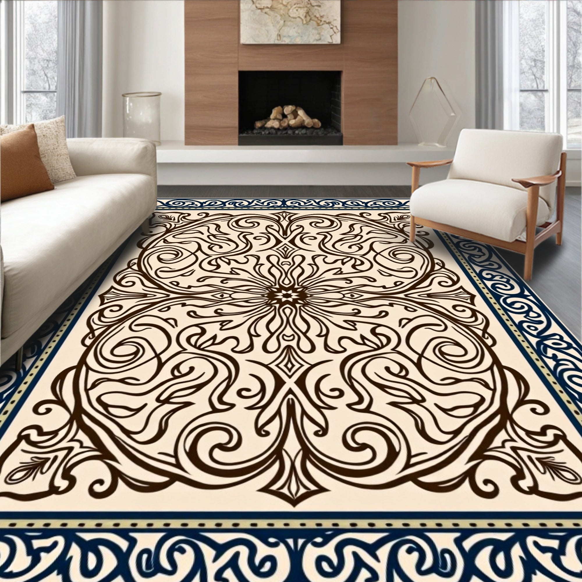 Antique Ivory Folk Art Swirl Rug