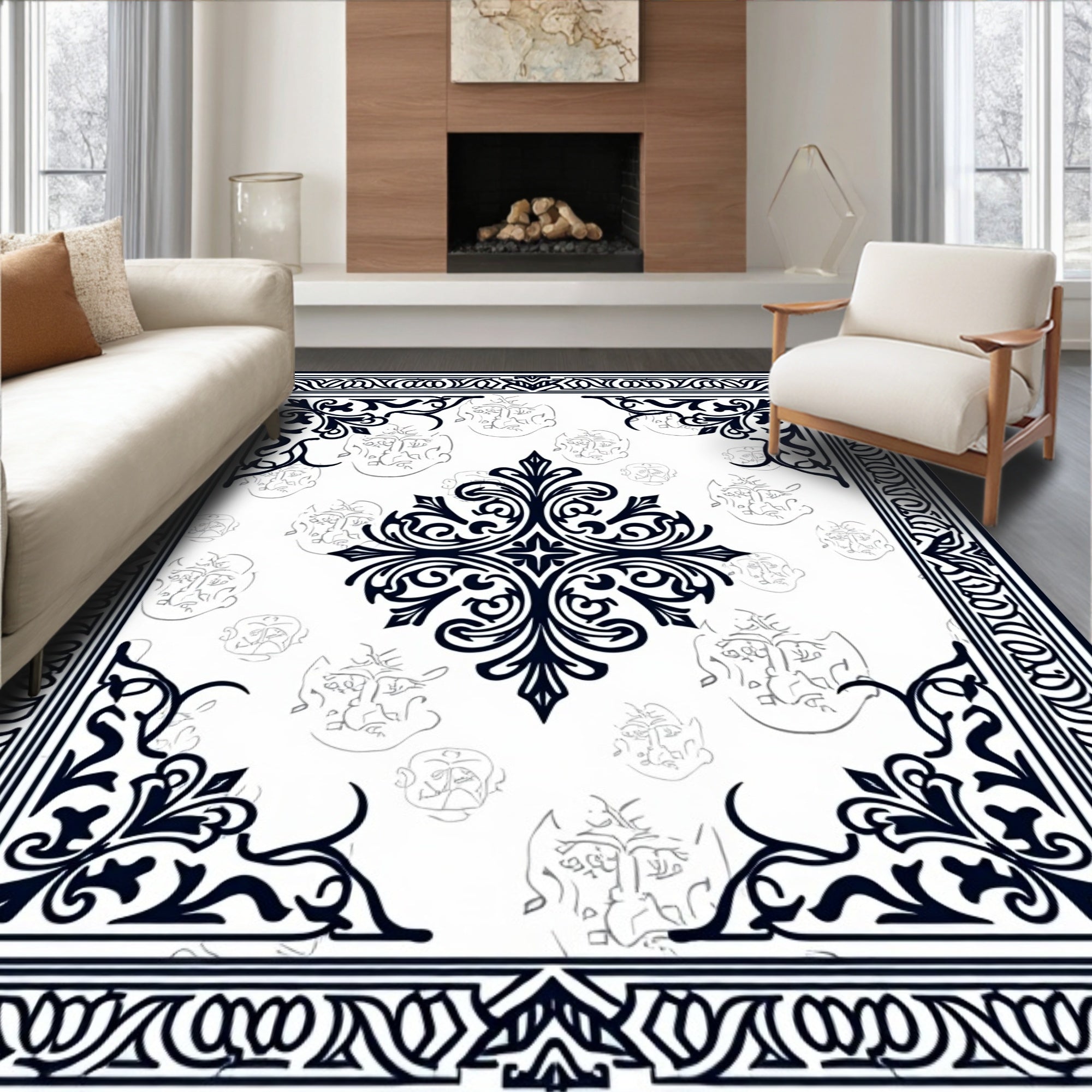 Black White Ornate Portrait Scroll Rug