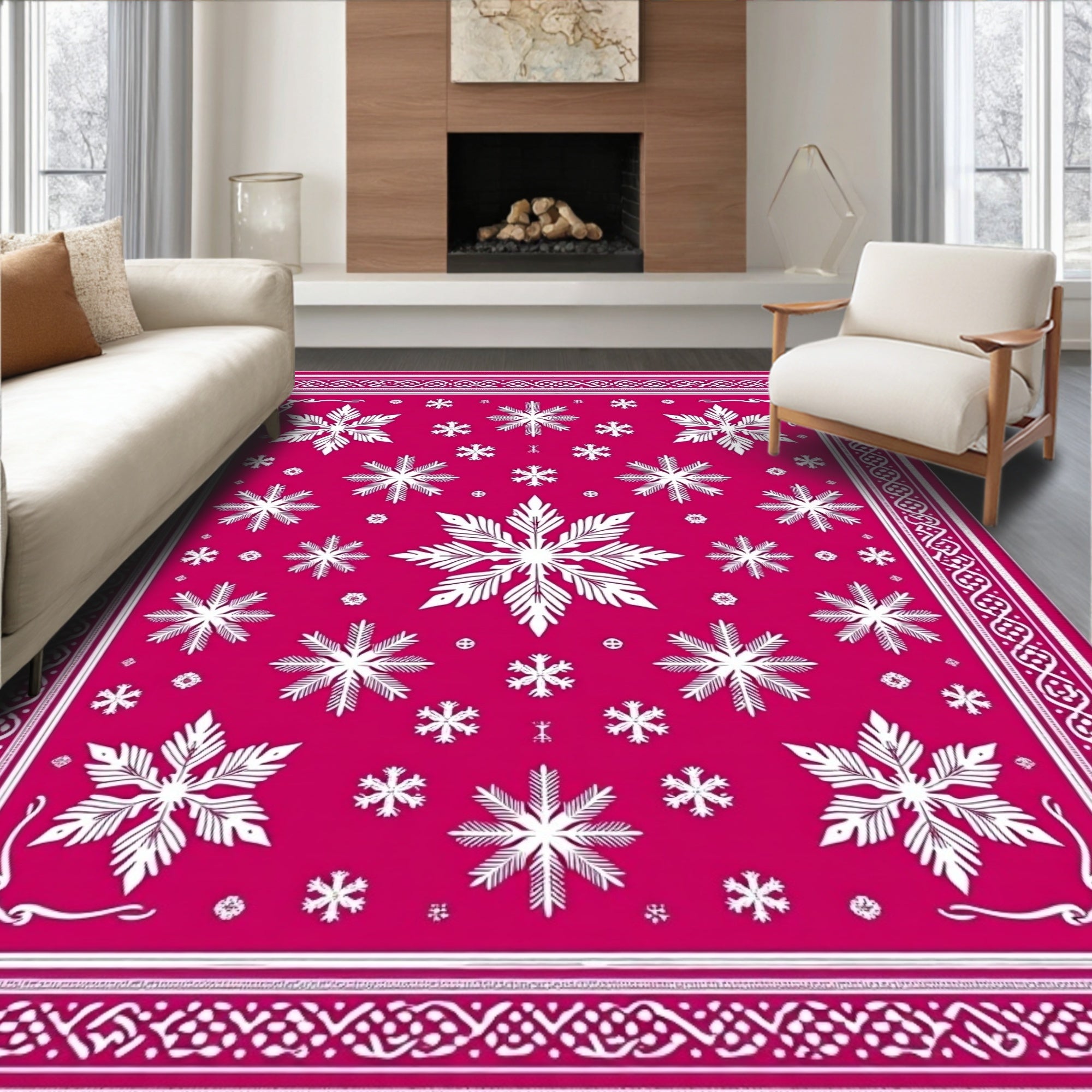 Crimson Snowflake Scatter Border Rug