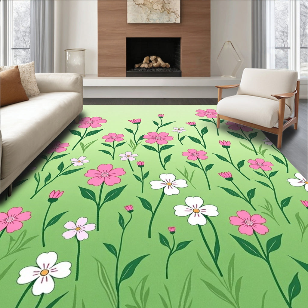 Pink White Flowers on Green Gradient Rug