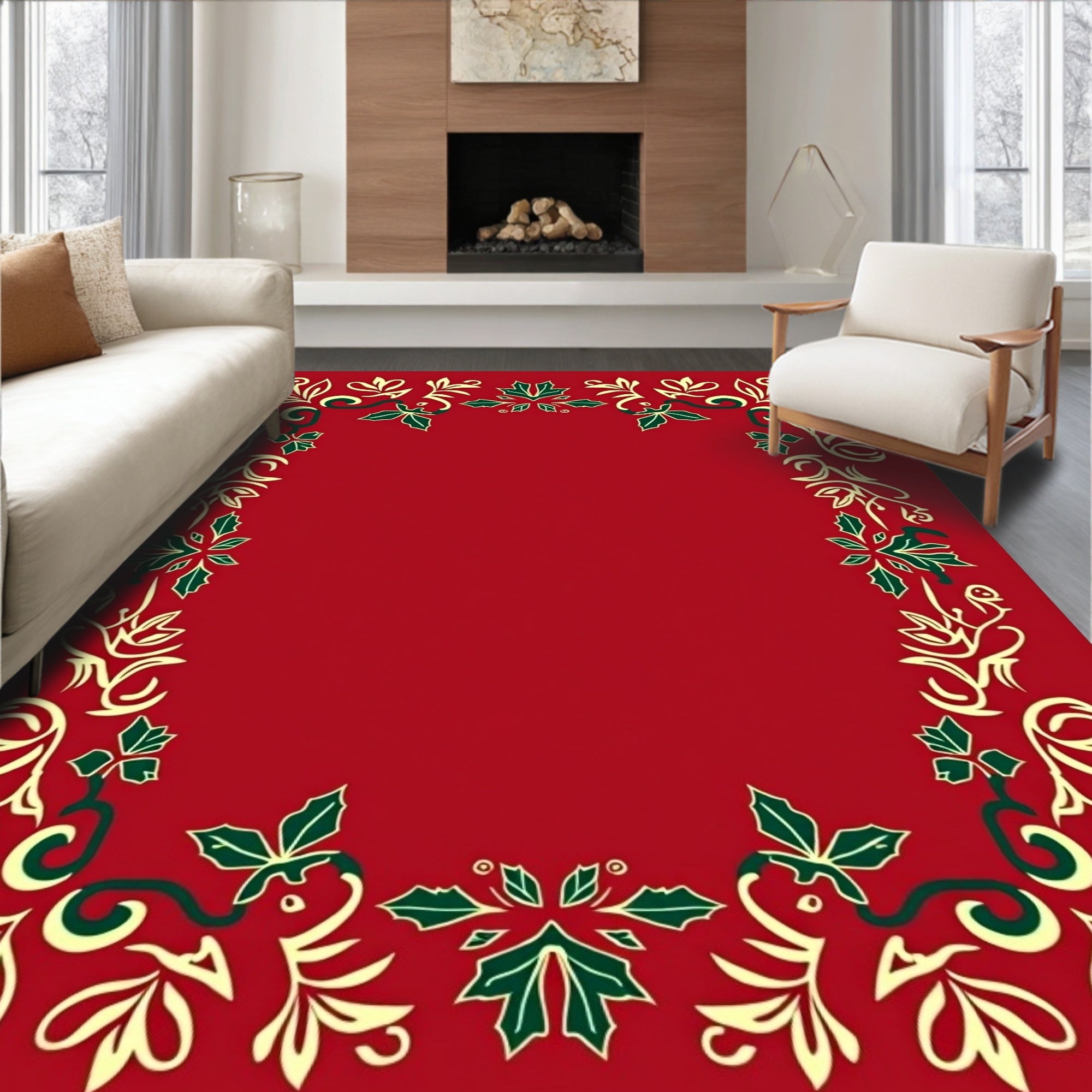 Crimson Red Holly Swirl Border Rug