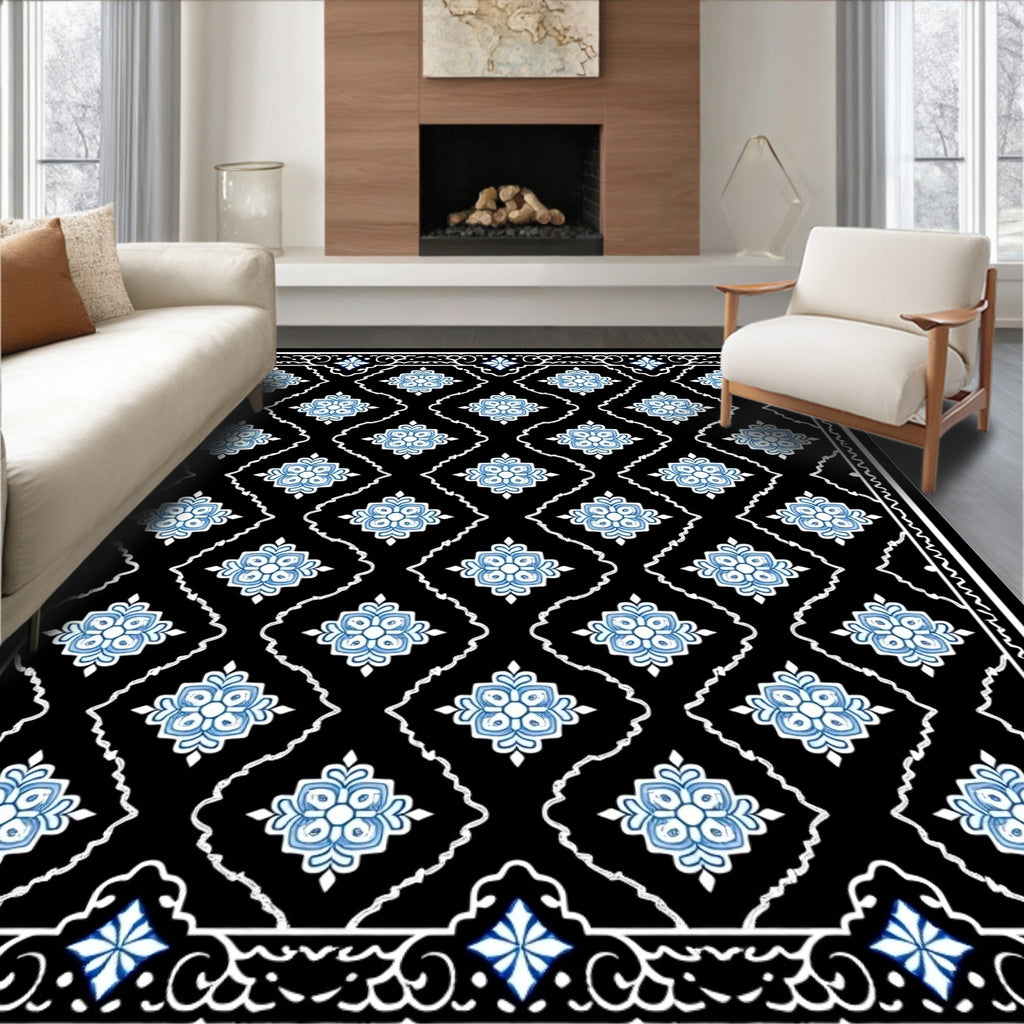 Black Blue Floral Diamond Medallion Rug