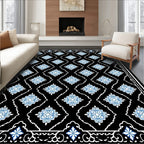 Black Blue Floral Diamond Medallion Rug