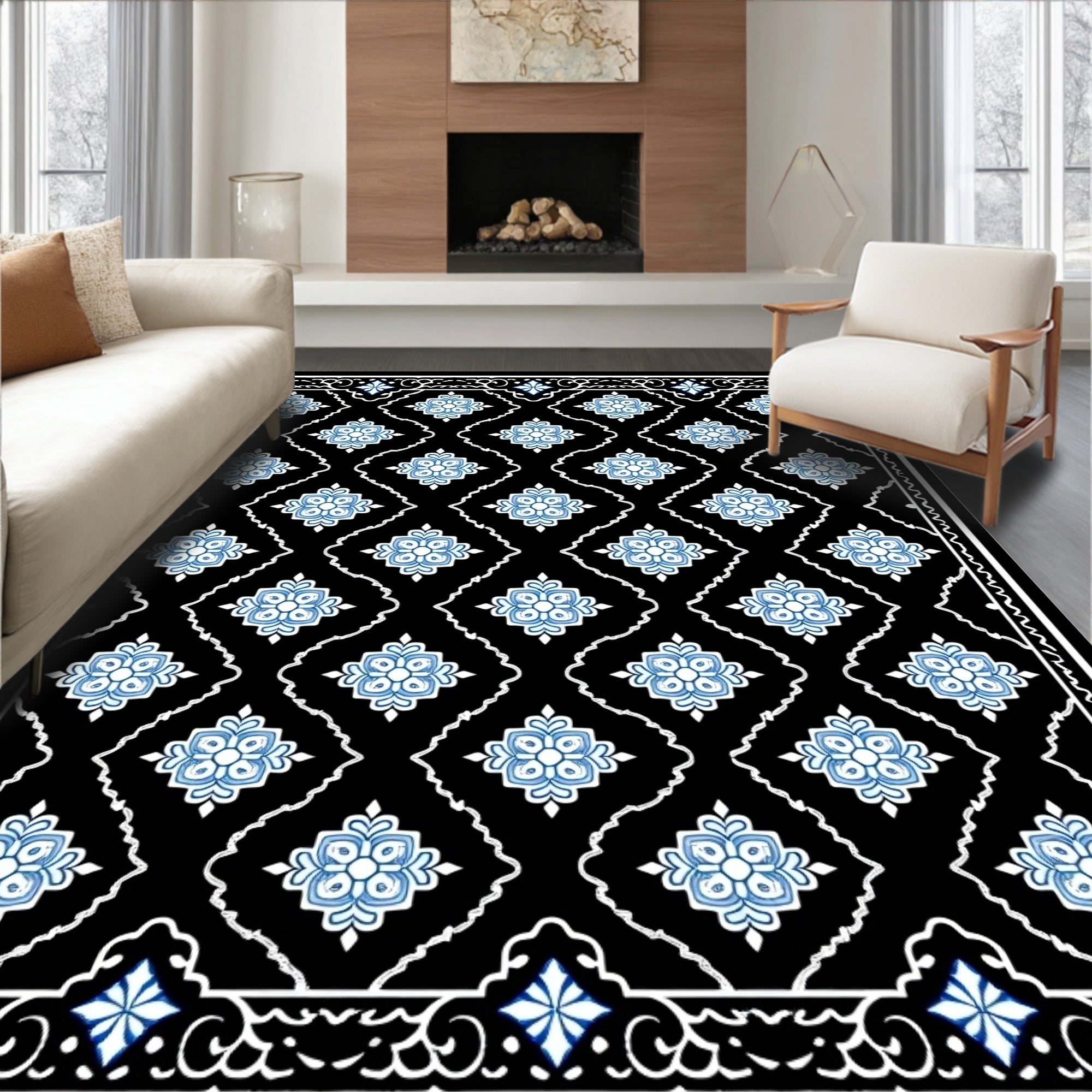 Black Blue Floral Diamond Medallion Rug