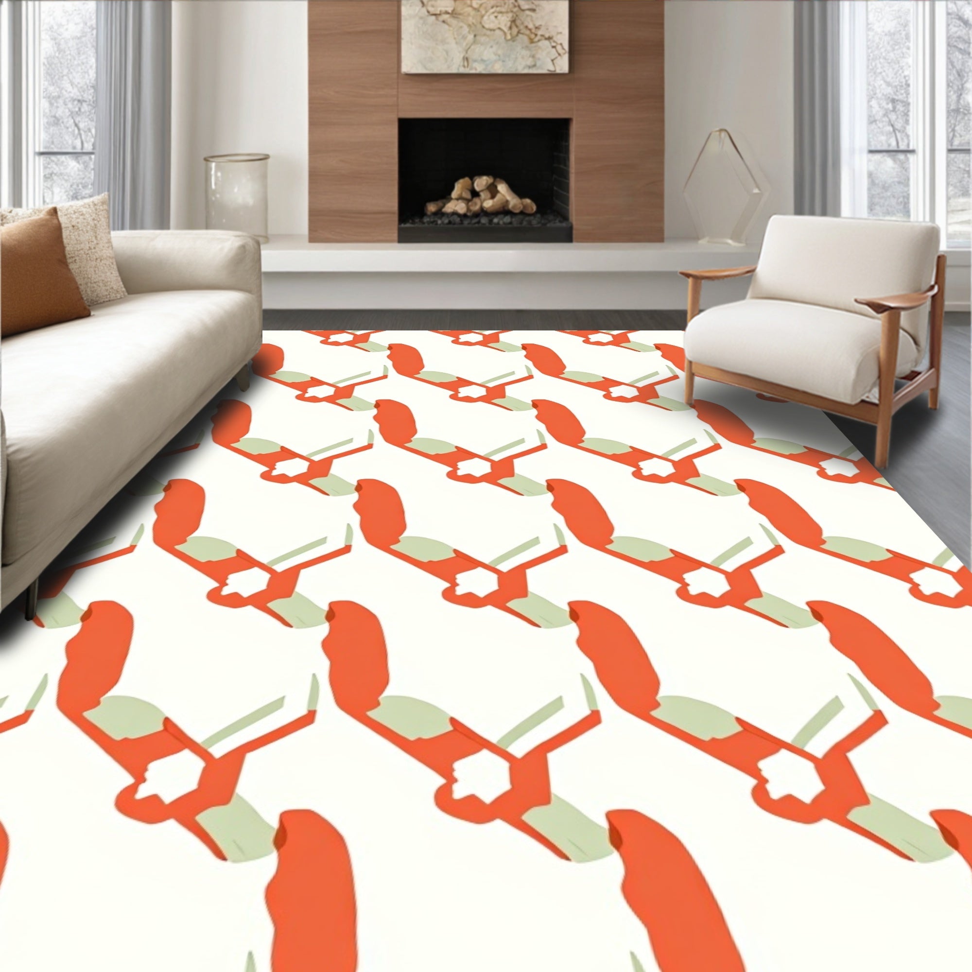 Coral and Sage Abstract Interlocking Shapes Rug