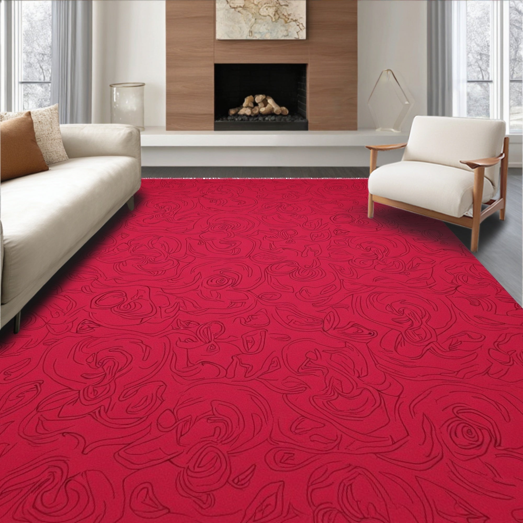 Crimson Red Abstract Rose Swirl Rug