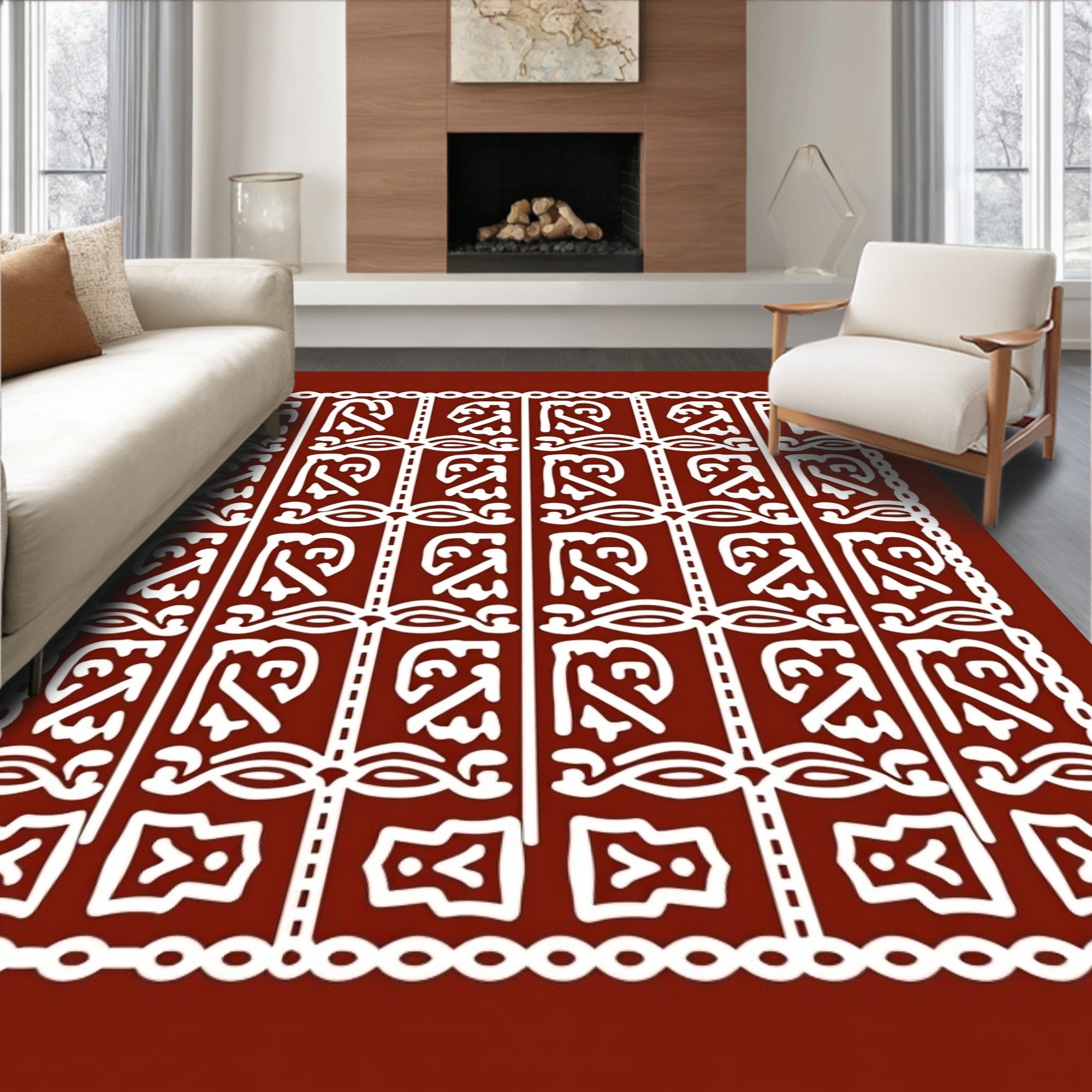 Ornate White Tribal Squares on Rust Rug