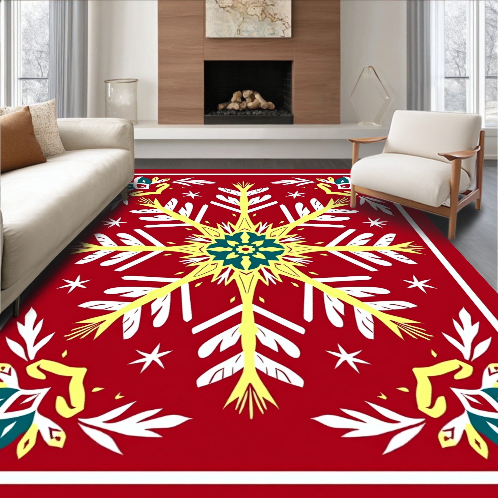 Red Yellow Snowflake Floral Sunburst Rug