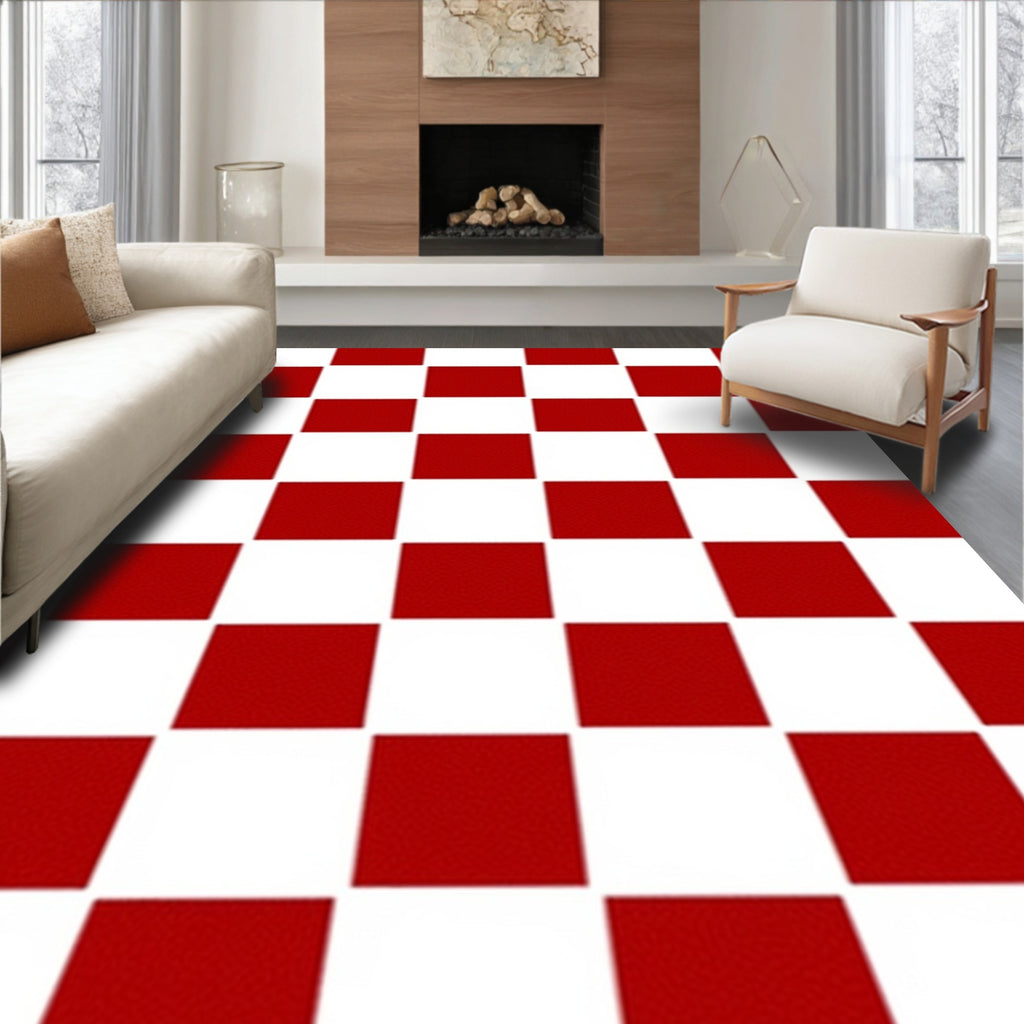 Bold Red White Checkered Squares Rug