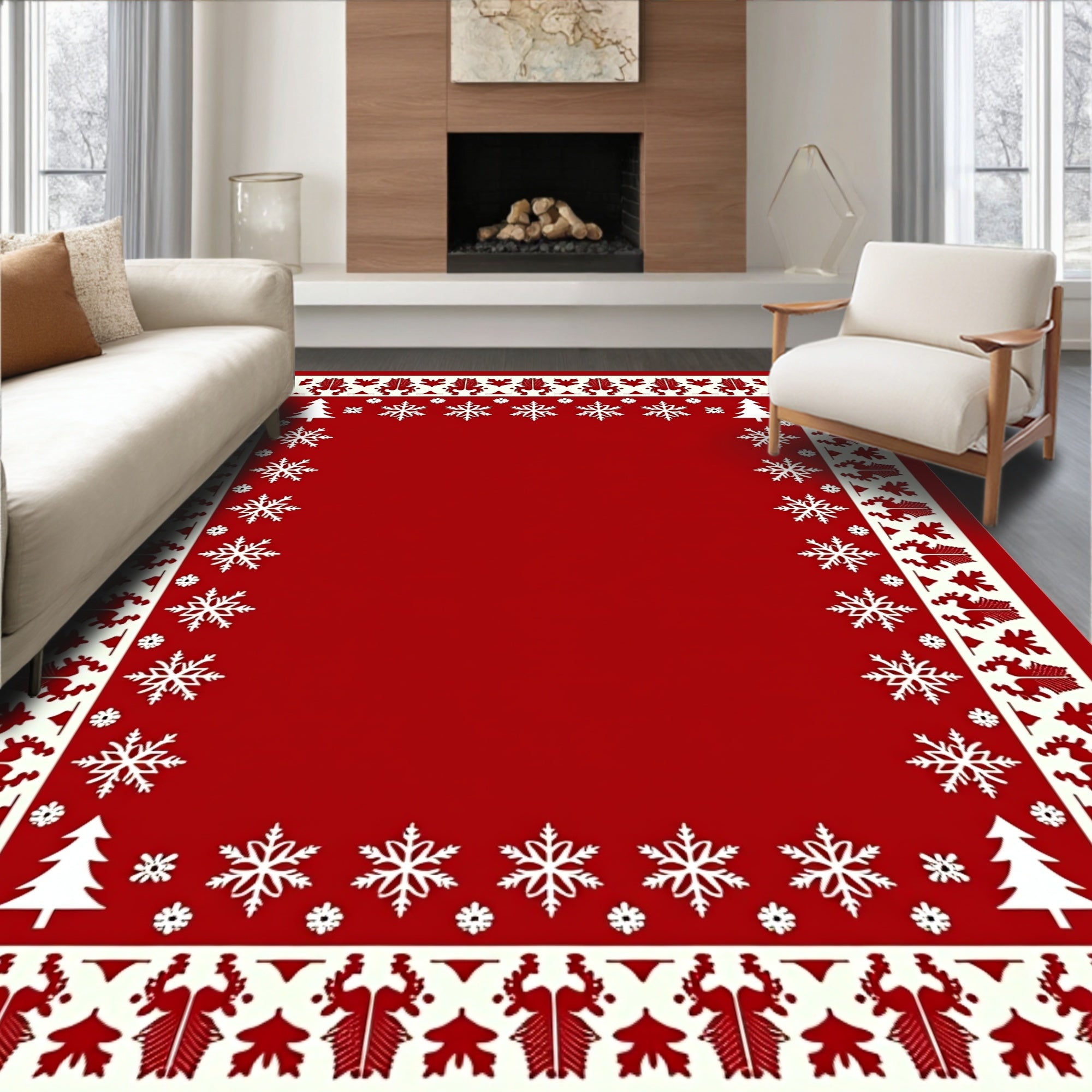 Red White Festive Snowflake Border Rug