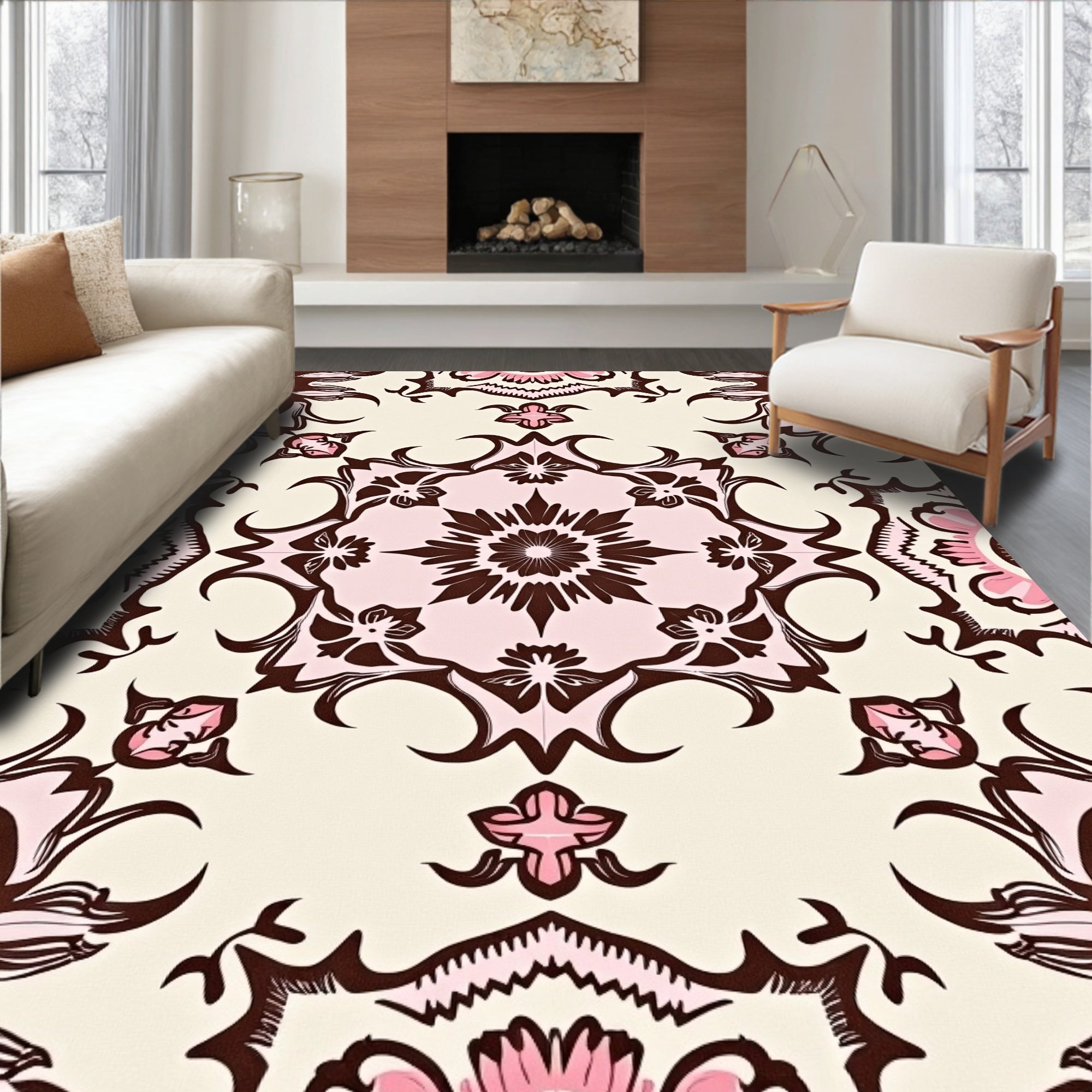 Brown Pink Floral Medallion Rug