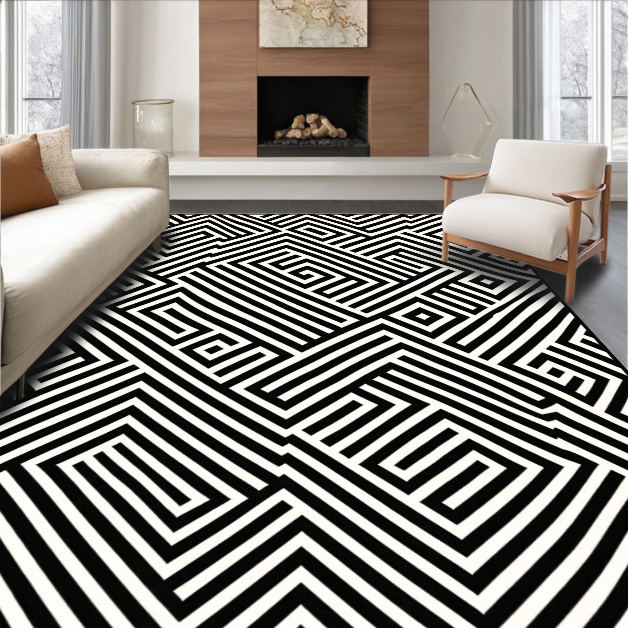 Geometric Black White Maze Rug