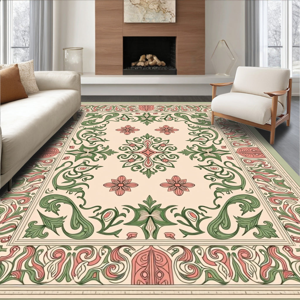 Floral Vine Medallion Coral Green Rug