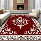 Rich Crimson Baroque Swirl Borders Rug