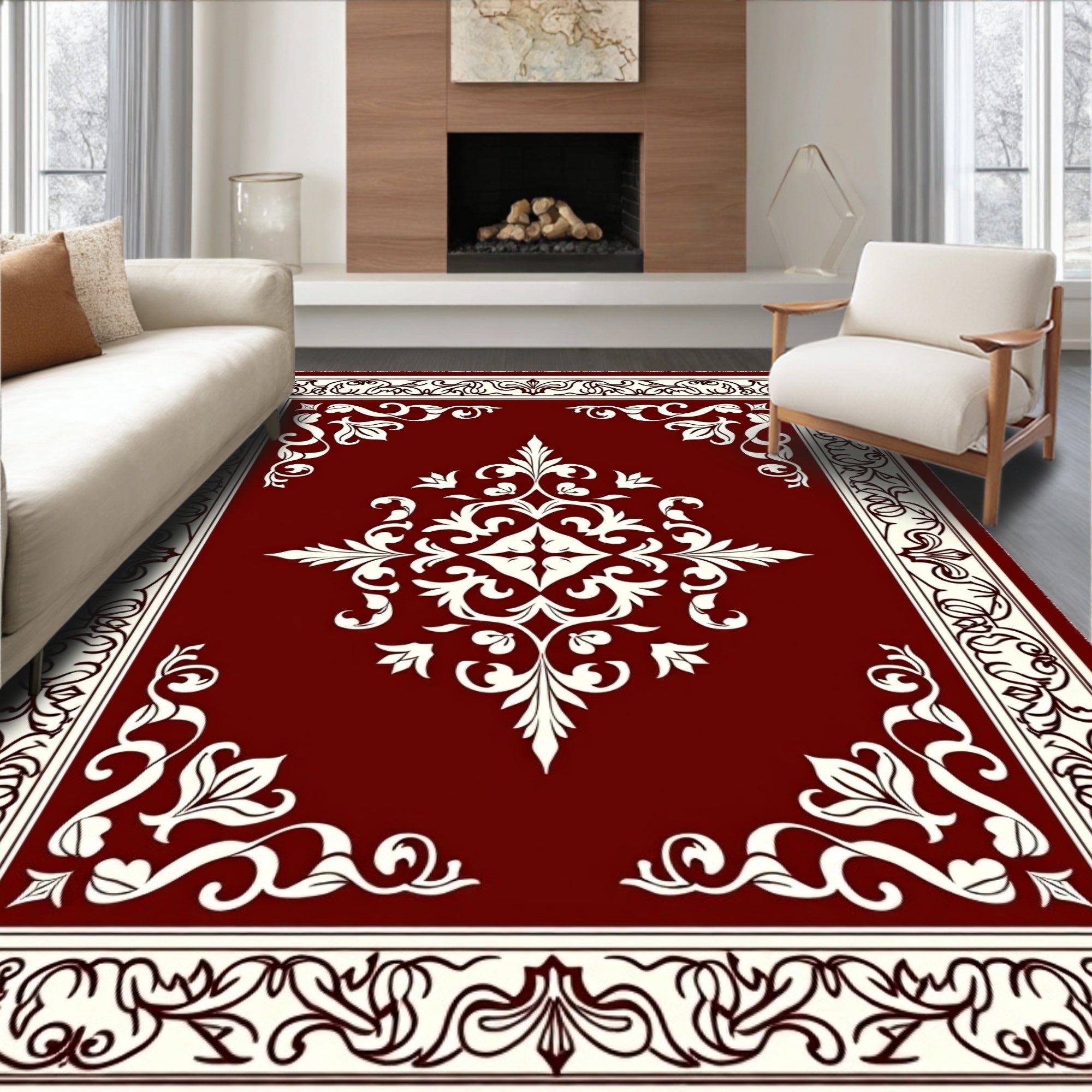 Rich Crimson Baroque Swirl Borders Rug