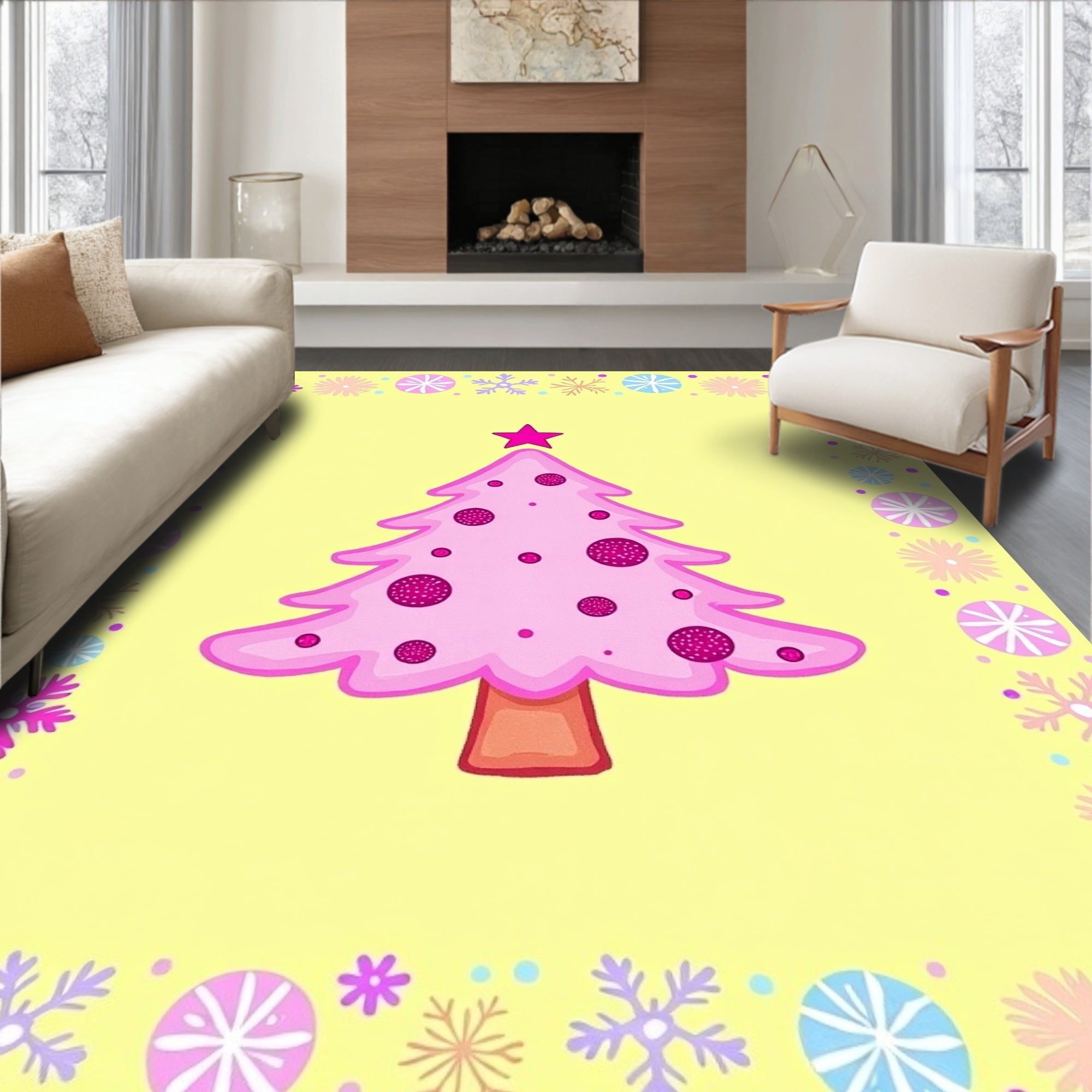 Pink Christmas Tree Snowflake Border Rug