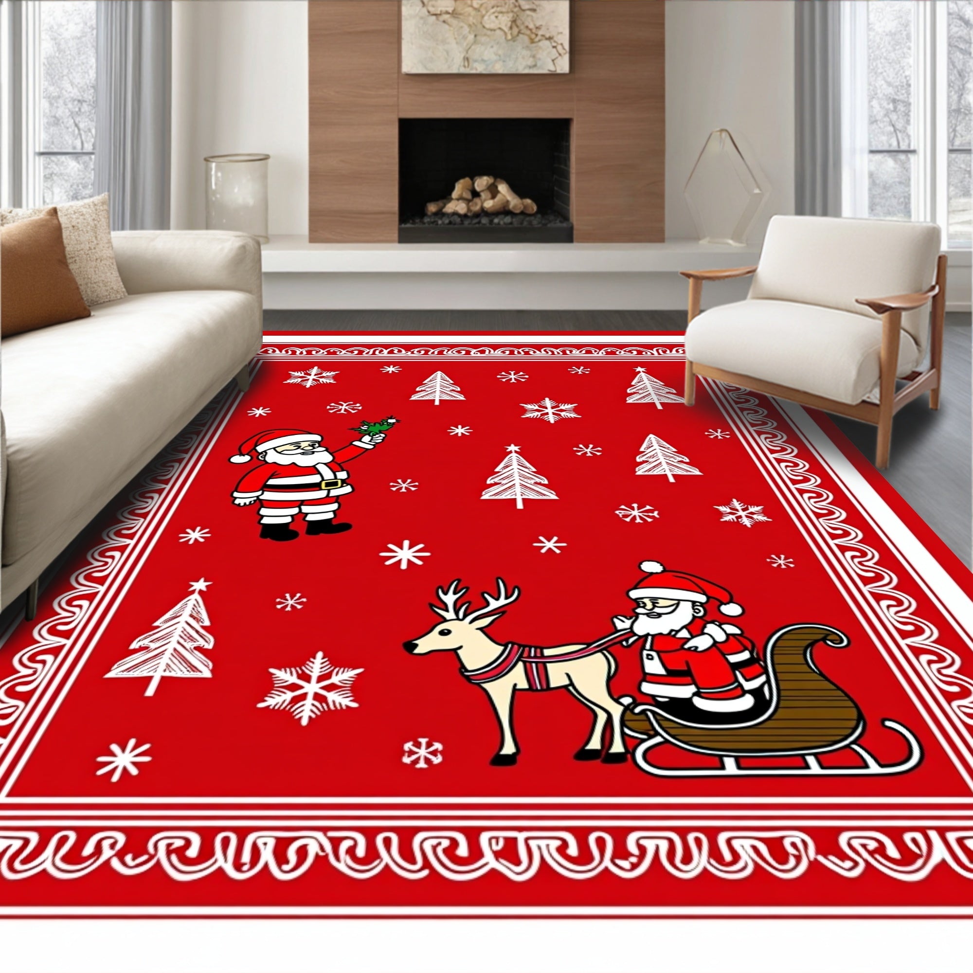 Festive Red Santa Sleigh Snowflakes Rug
