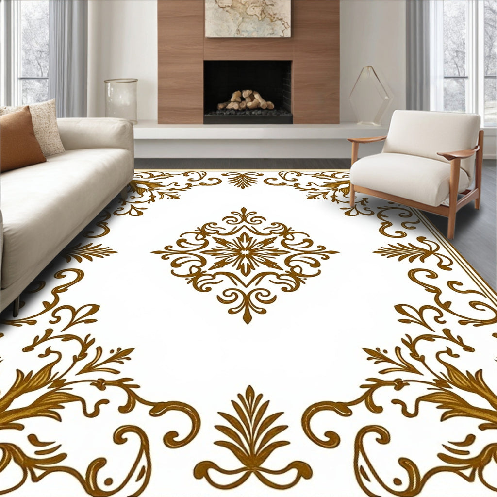 Ornate Gold Floral Scrollwork Square Rug