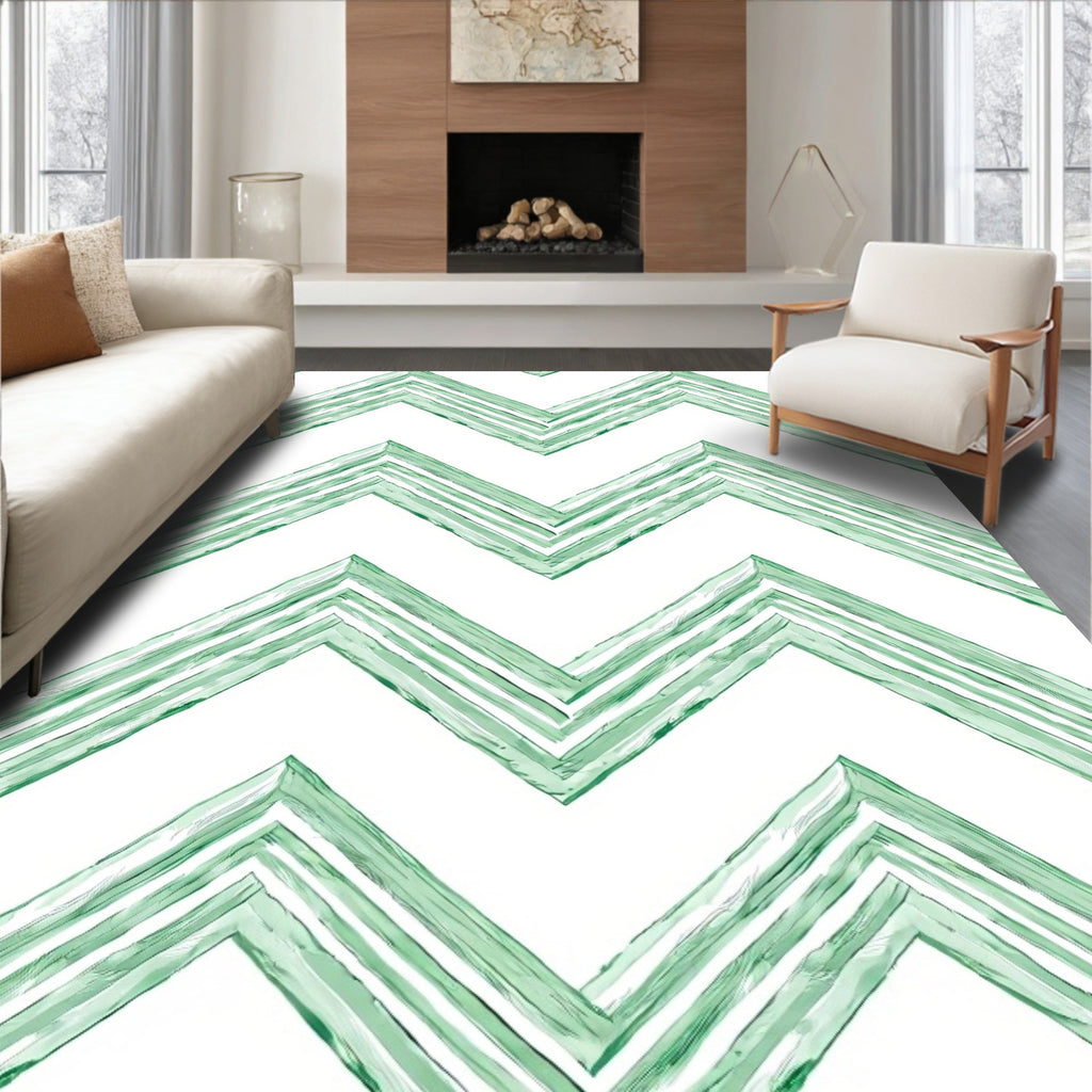 Serene Green Watercolor Chevron Stripes Rug