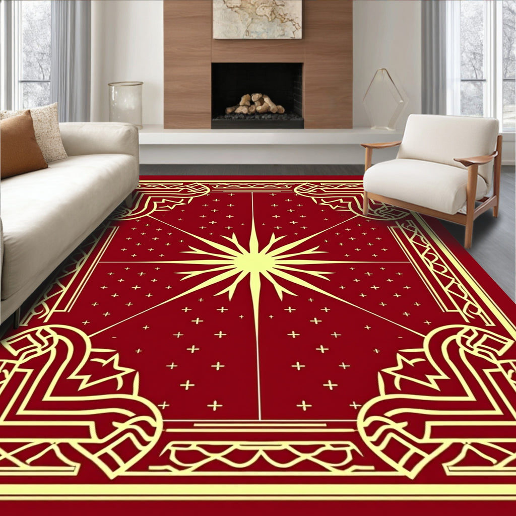Crimson Sunburst Geometric Frame Rug