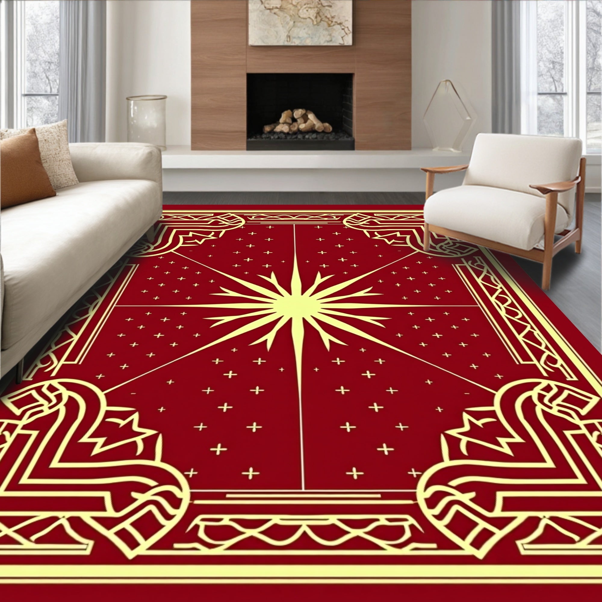 Crimson Sunburst Geometric Frame Rug
