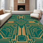 Gold Geometric Circuit Board Emerald Rug