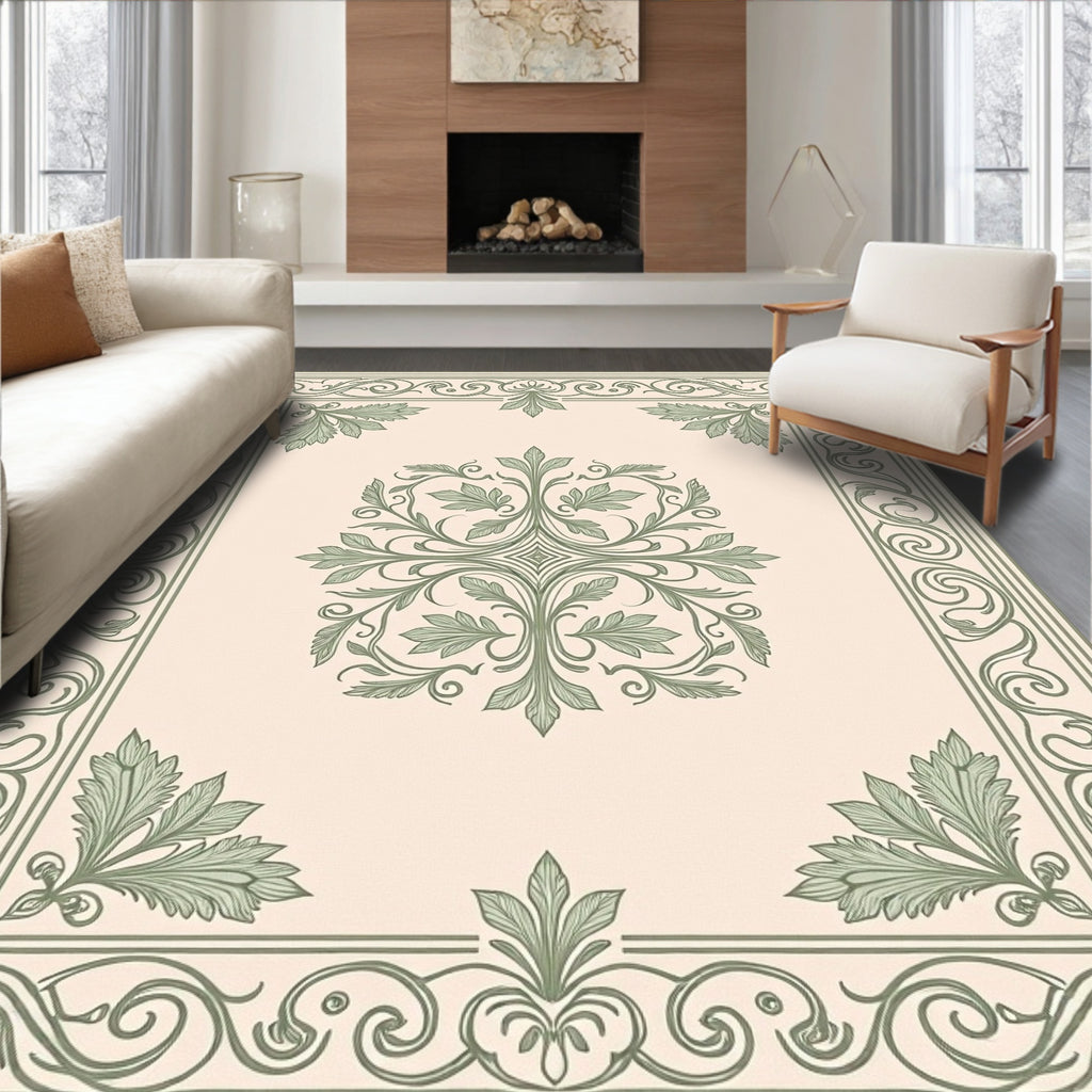 Vintage Sage Green Floral Scroll Rug