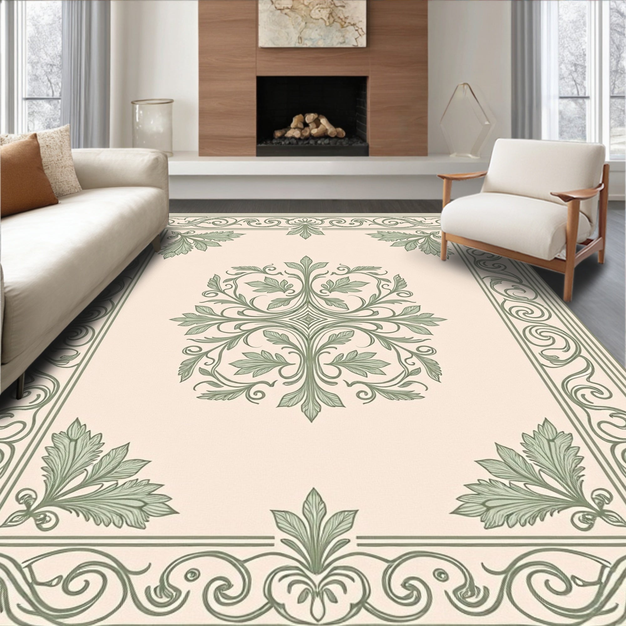 Vintage Sage Green Floral Scroll Rug
