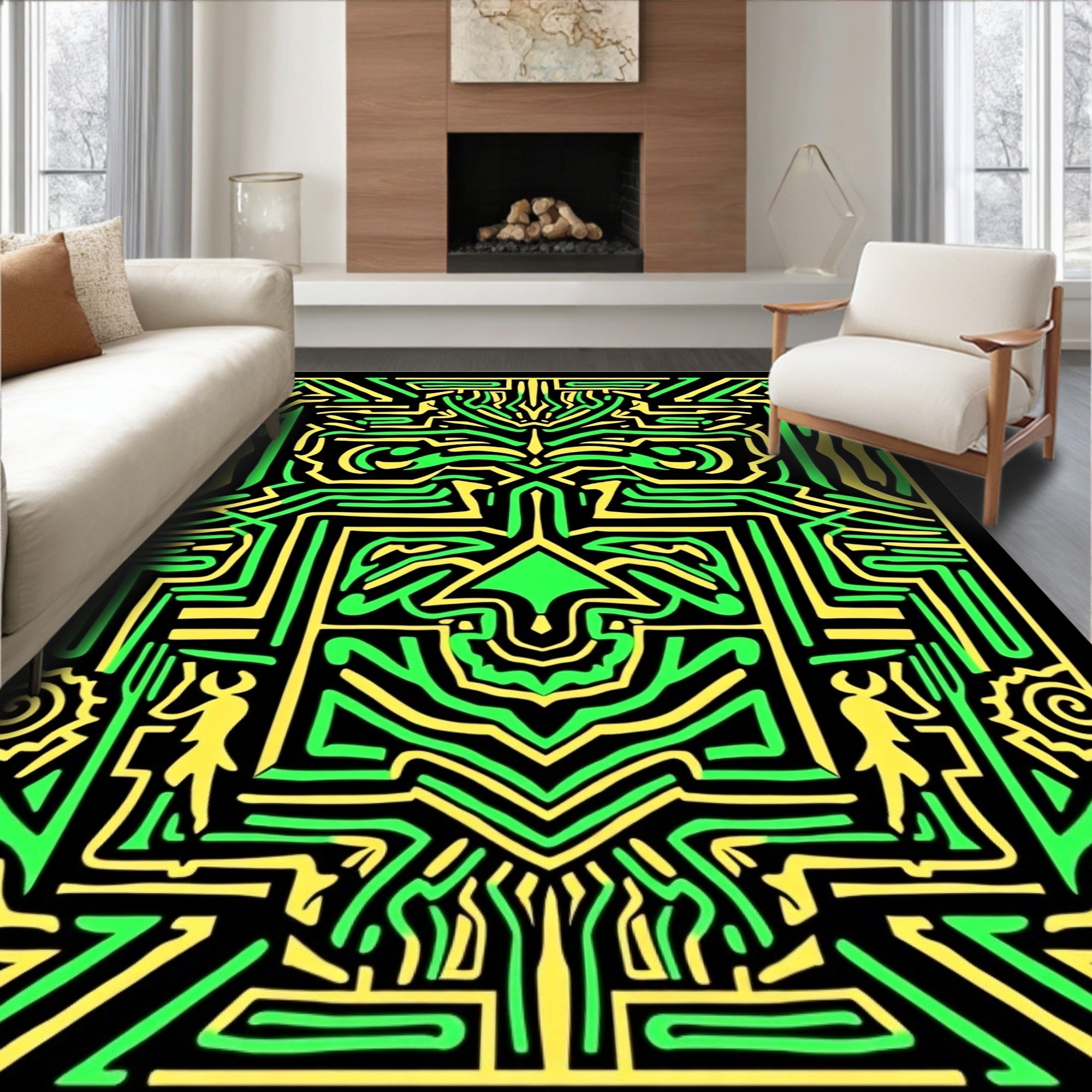 Bold Green Yellow Tribal Maze Rug