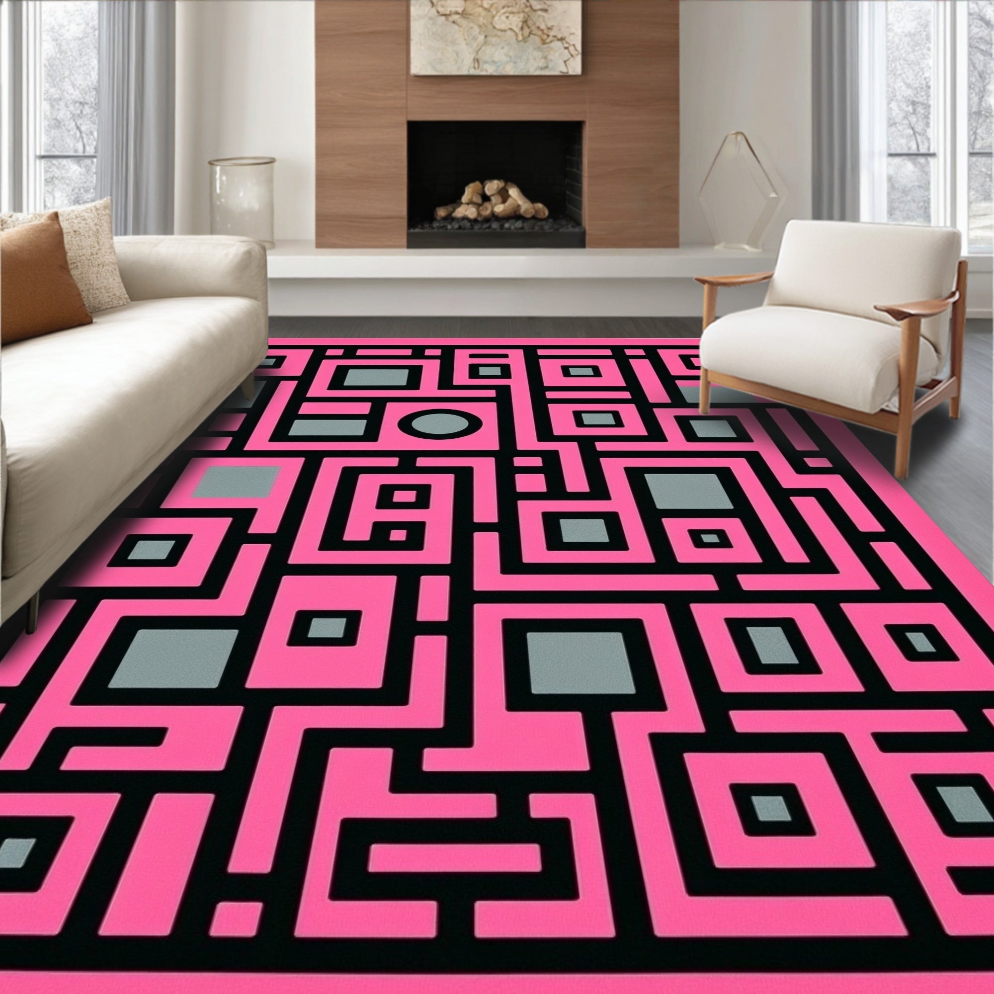 Bold Pink Geometric Maze Rug