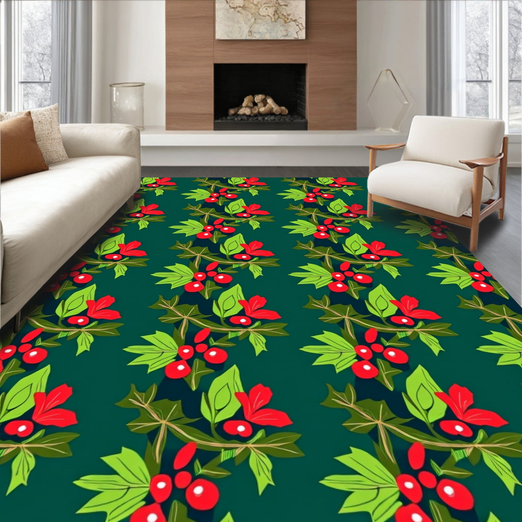 Red Berry Holly Green Sprig Repeat Rug