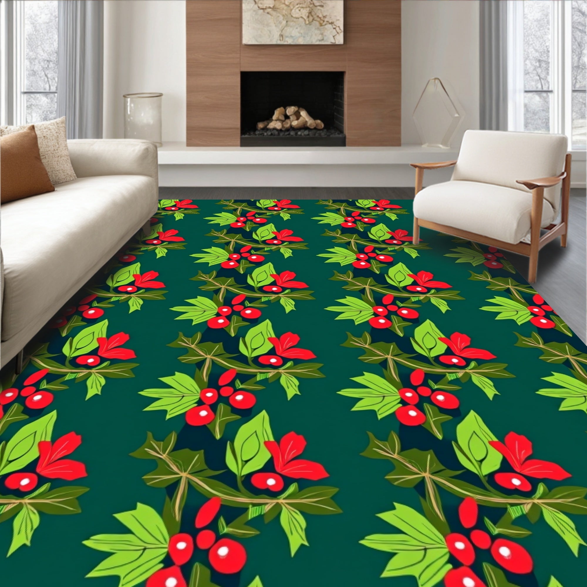 Red Berry Holly Green Sprig Repeat Rug