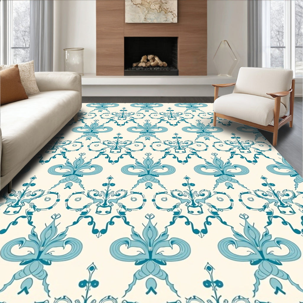 Aqua Fleur-de-lis Damask Fabric Rug