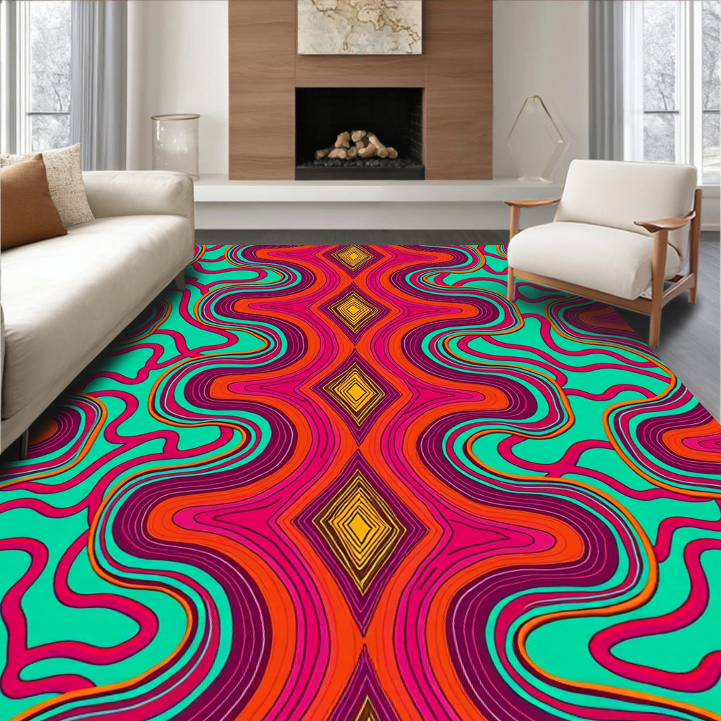 Vibrant Teal Pink Orange Diamond Waves Rug