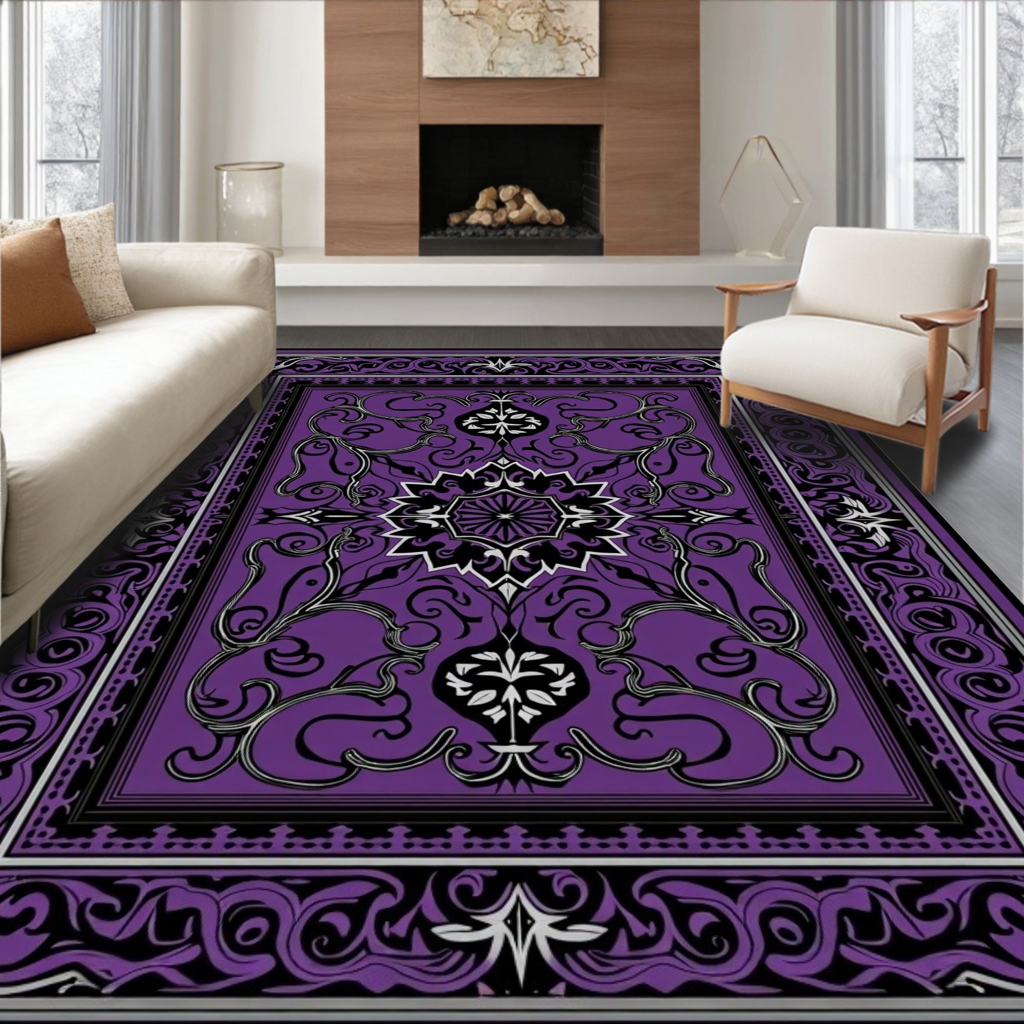 Ornate Purple Black Medallion Border Rug