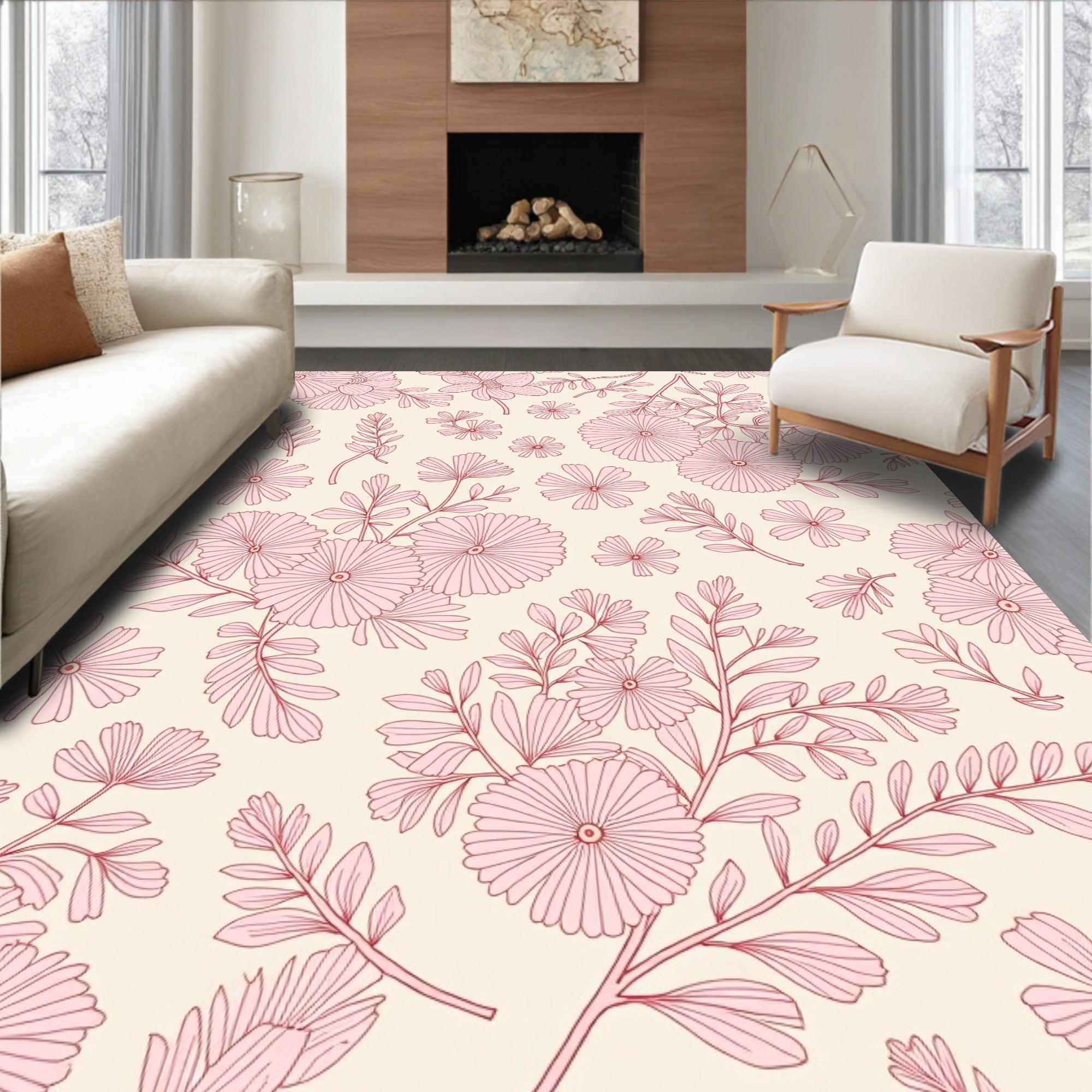 Soft Pink Floral Branches Cream Rug