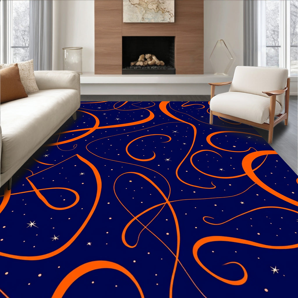 Dark Blue Orange Swirl Starry Night Rug