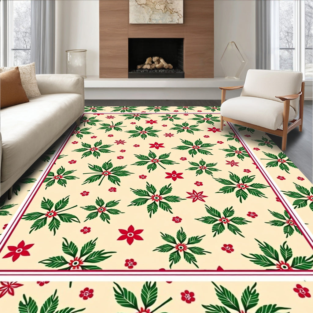 Festive Red Green Poinsettia Cream Cream Rug