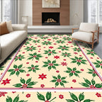 Festive Red Green Poinsettia Cream Cream Rug