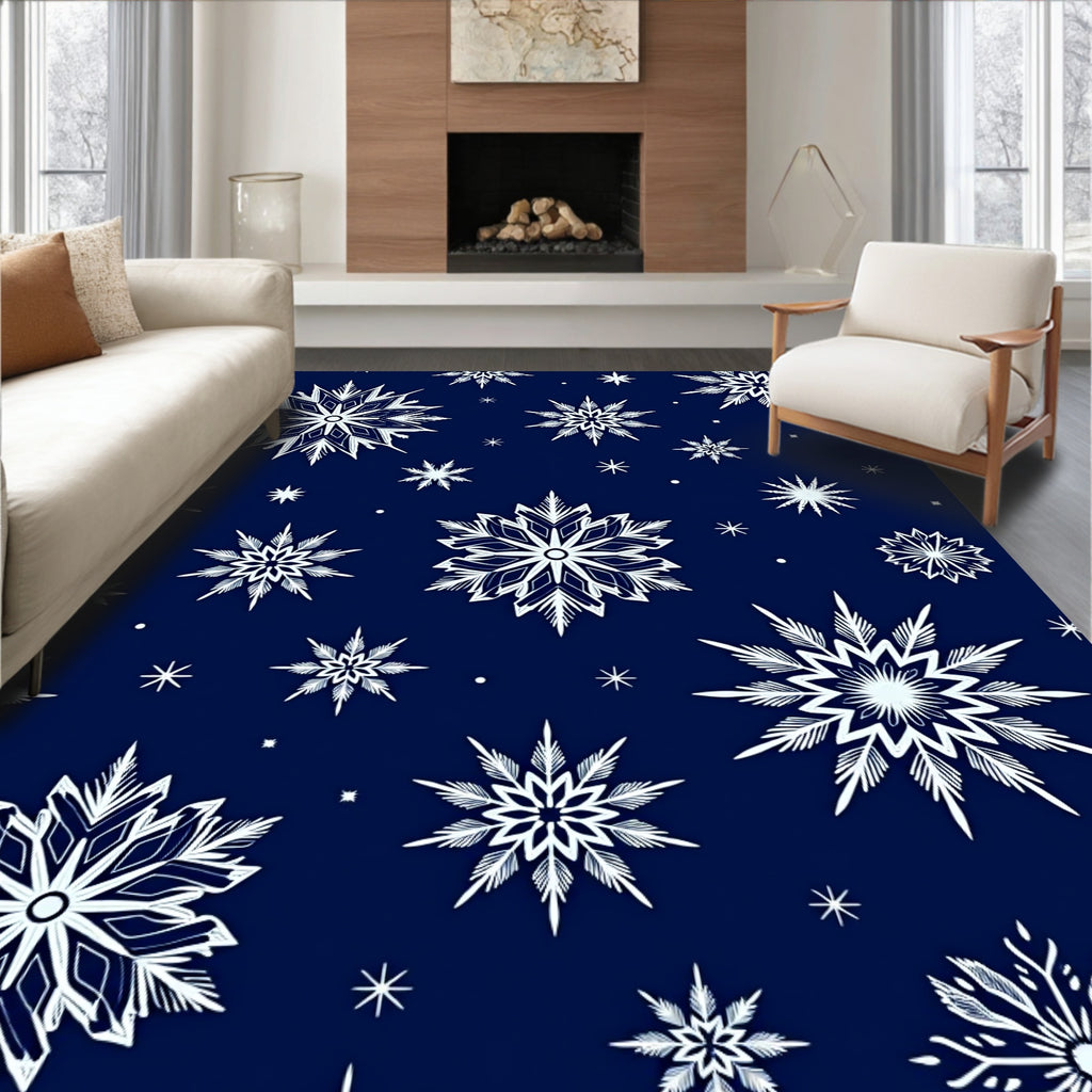 White Snowflake Scatter Navy Rug