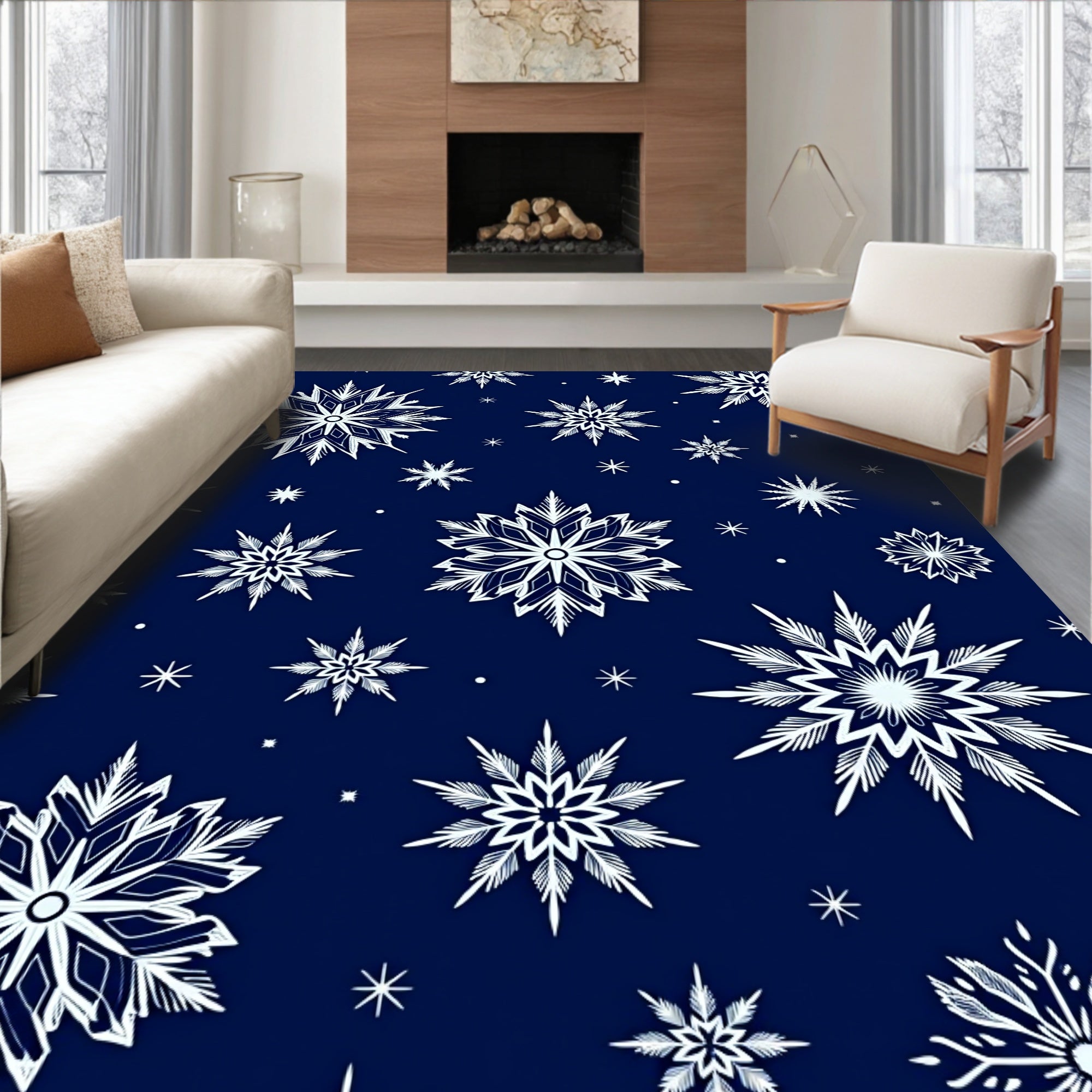 White Snowflake Scatter Navy Rug