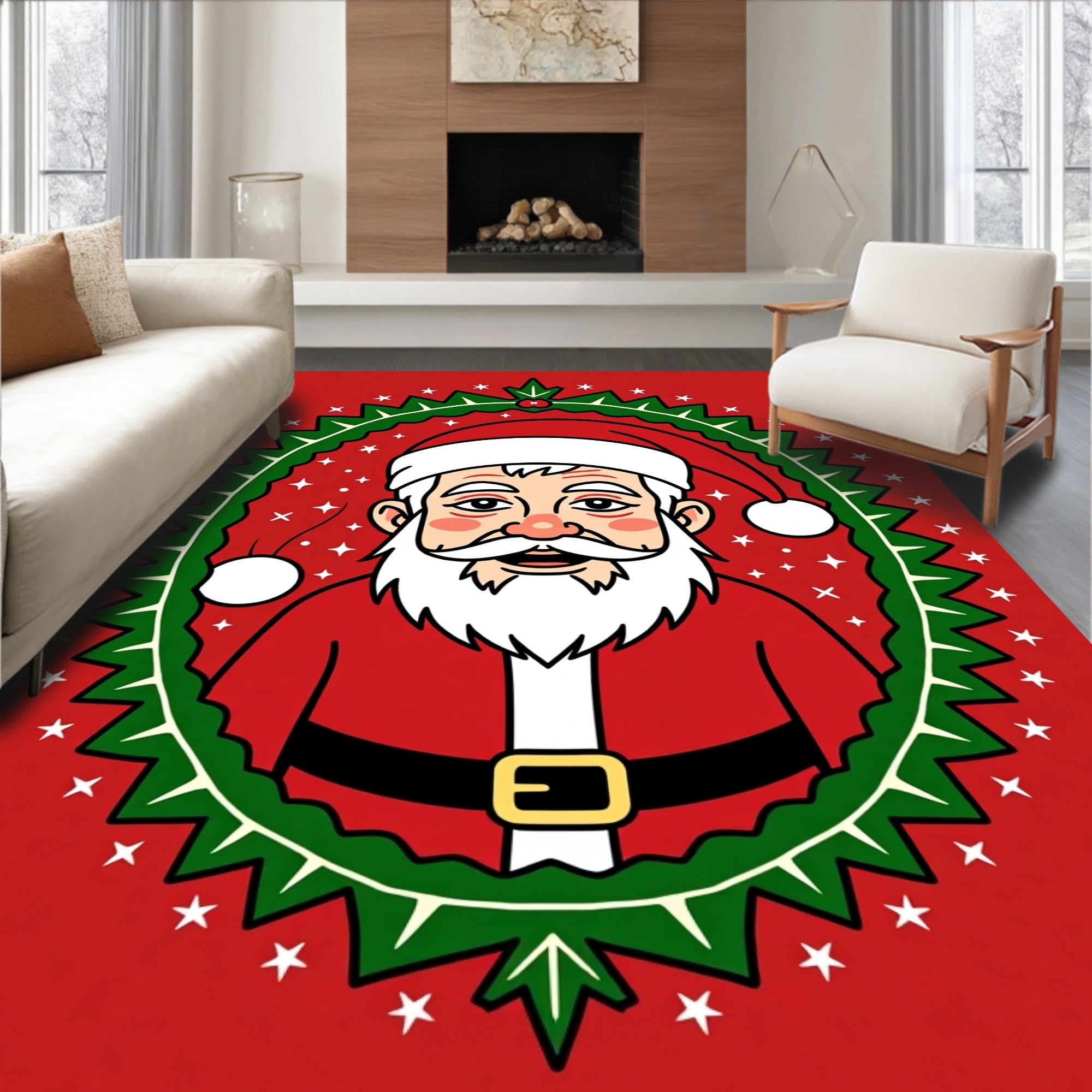 Festive Red Santa Claus Holly Oval Rug