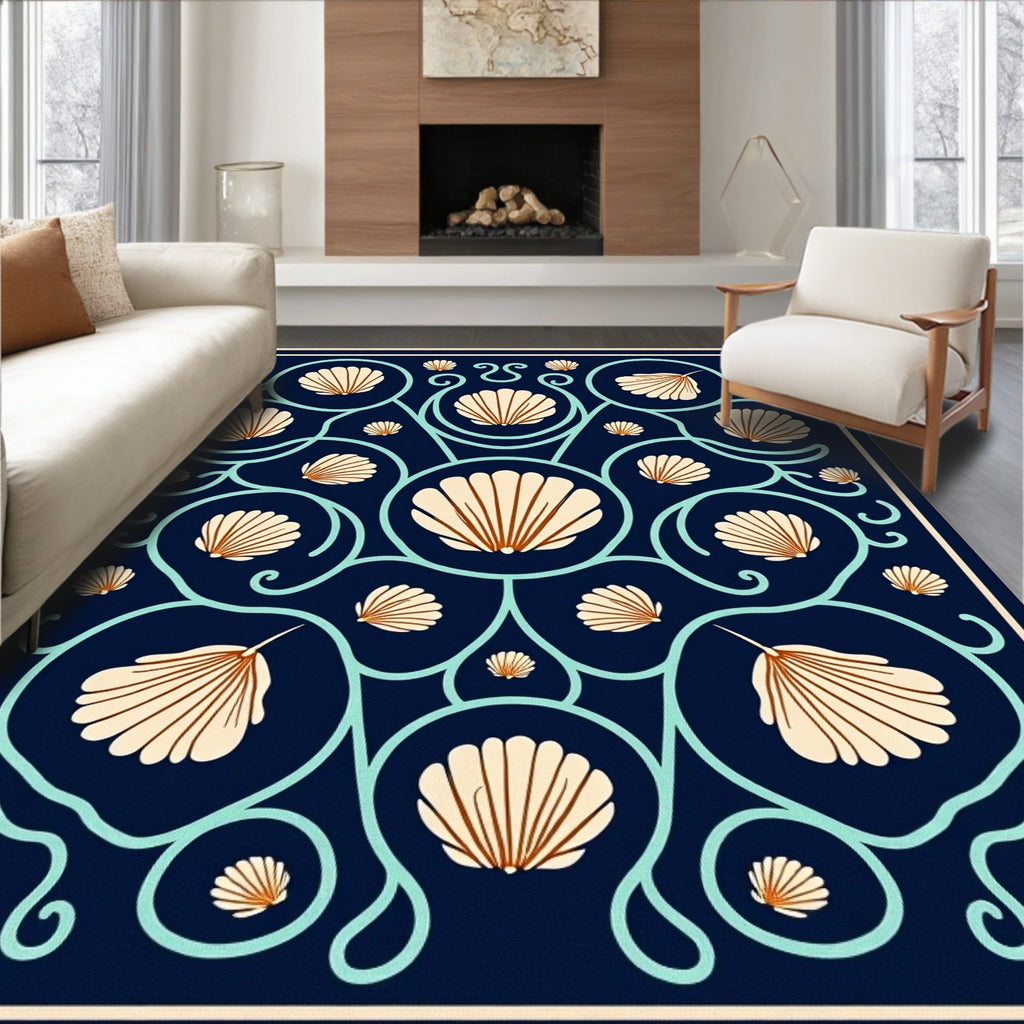 Navy Seashell Medallion Scrollwork Rug