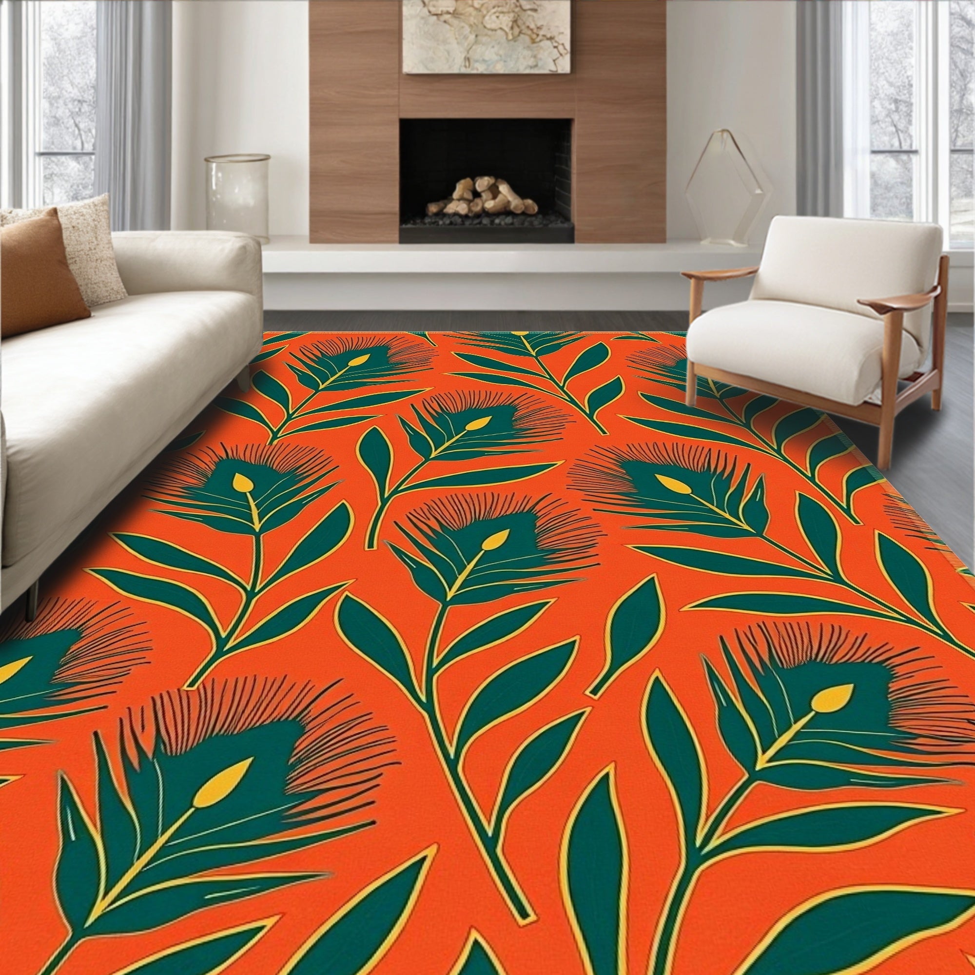 Bold Teal Floral Branches Orange Rug